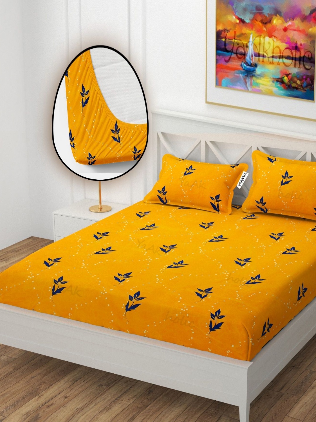 

YaAkholic Yellow & Blue Floral Printed Microfiber 210 TC King Bedsheet Set-1.82 m x 1.98 m