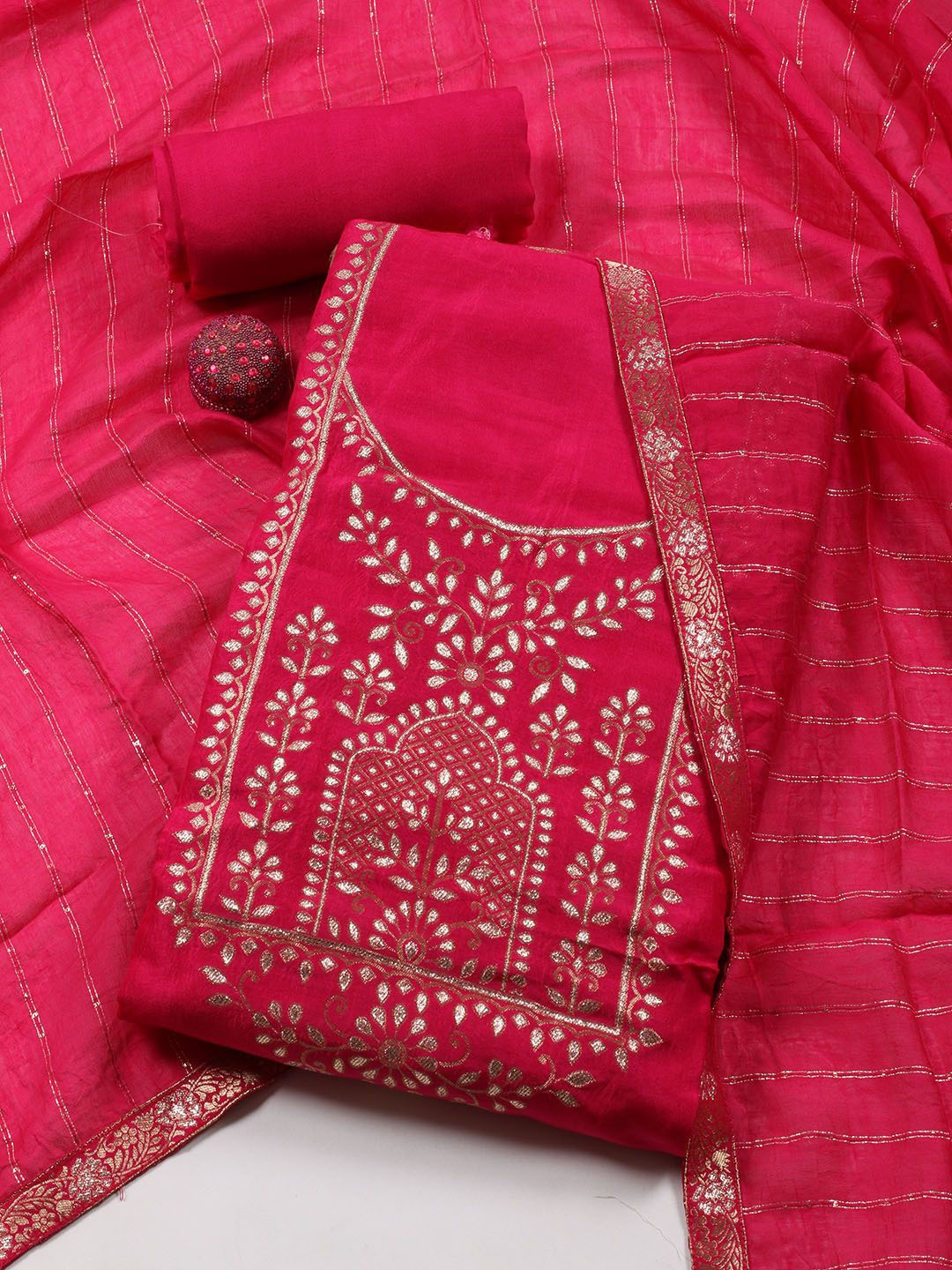 

Meena Bazaar Ethnic Motifs Woven Design Art Silk Unstitched Dress Material, Pink