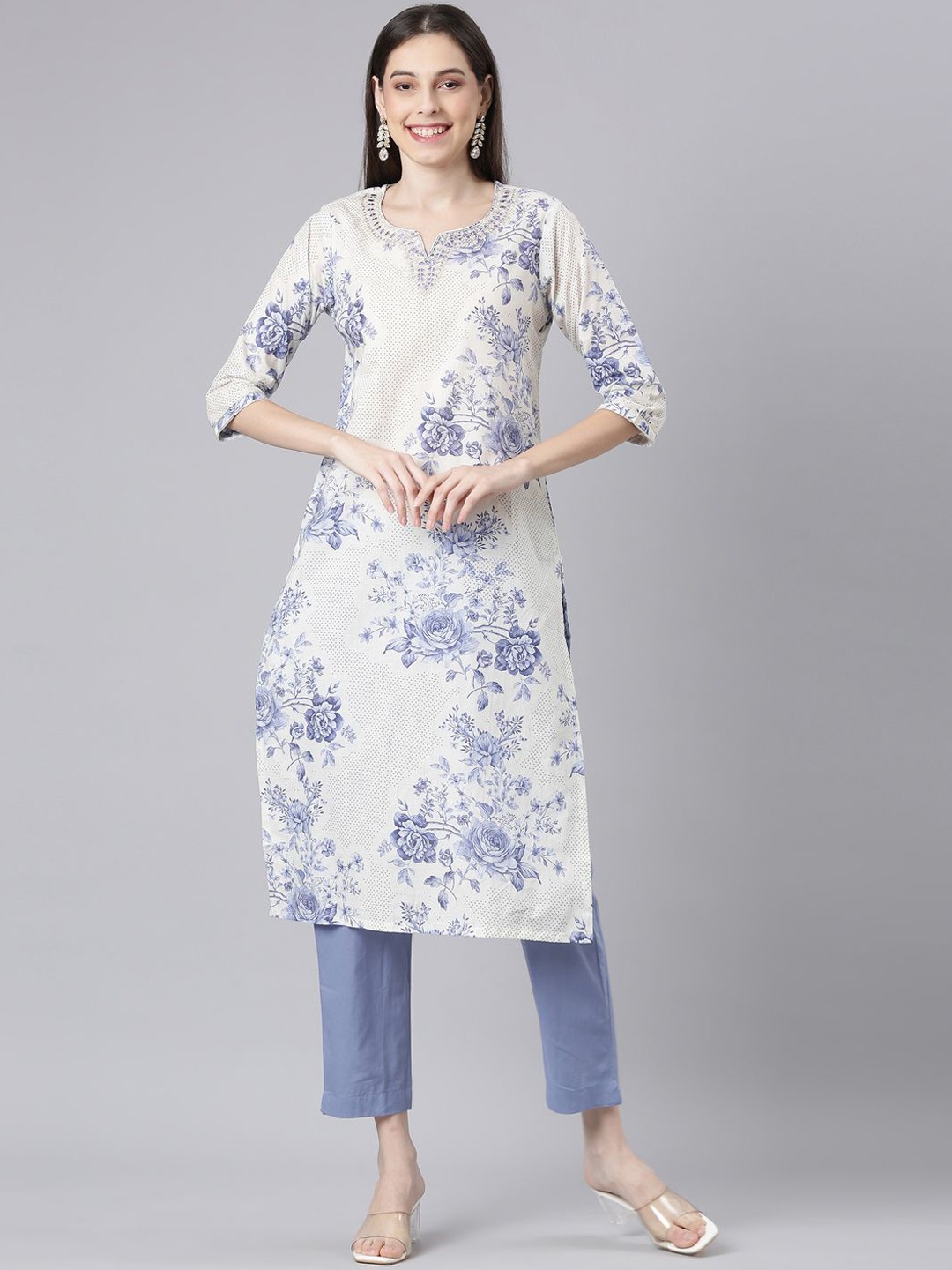 

Neerus Floral Printed Notch-Neck Kurta With Trousers, White