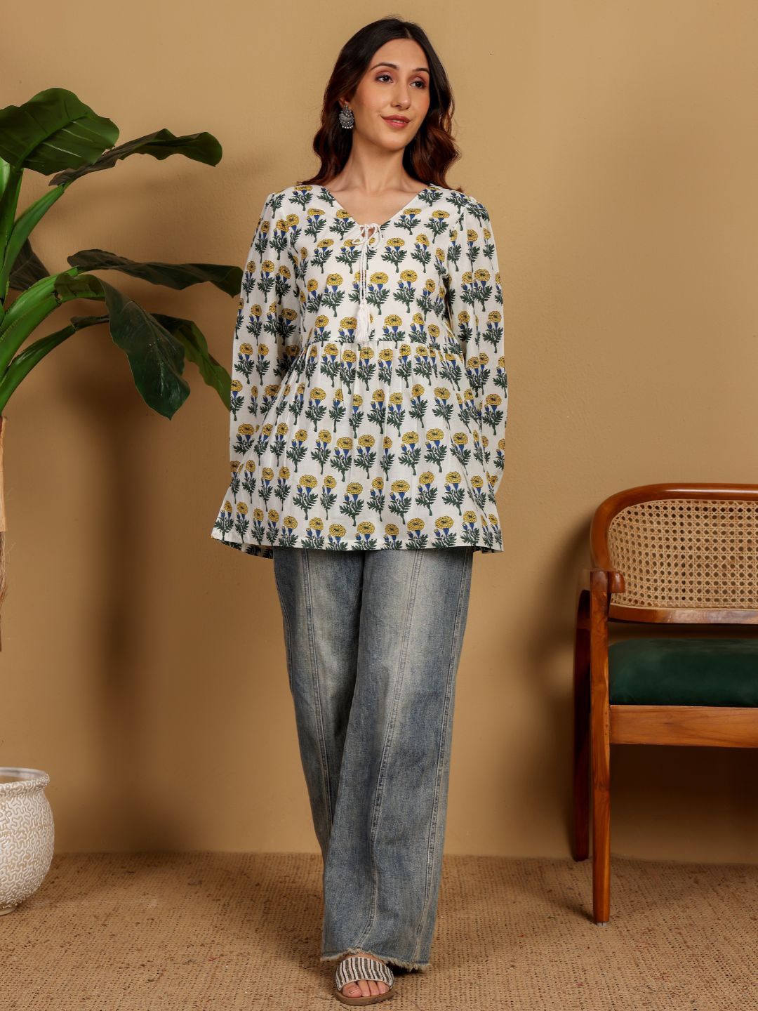 

Chowkhat Women Floral Printed Pure Cotton Handloom Empire Kurti, White