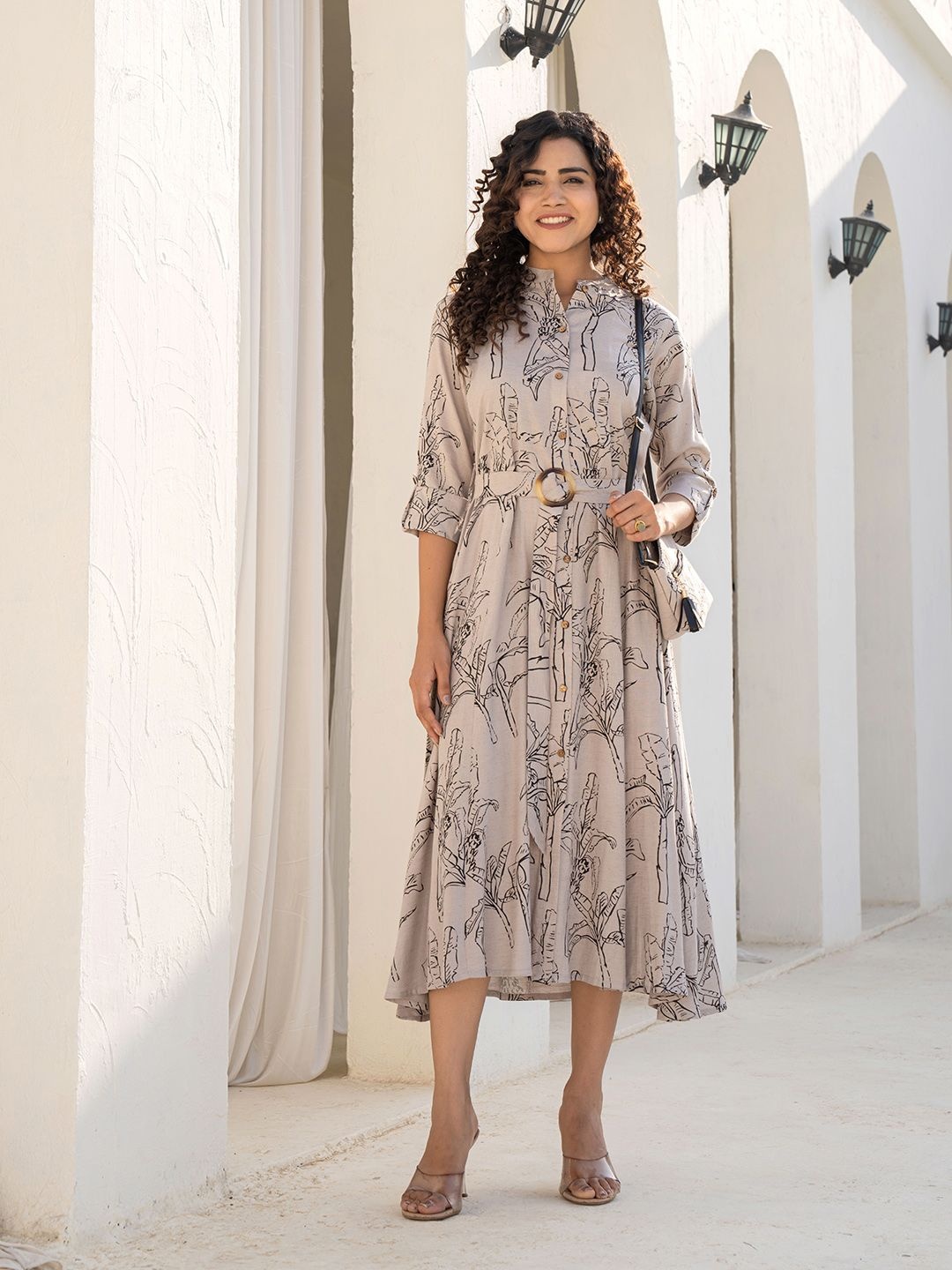 

Meena Bazaar Women Animal Printed Fit & Flare Midi Dress, Beige