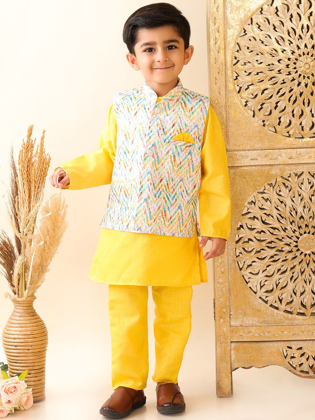 

Superminis Boys Pure Cotton Straight Kurta with Pyjama & Jacket, Yellow