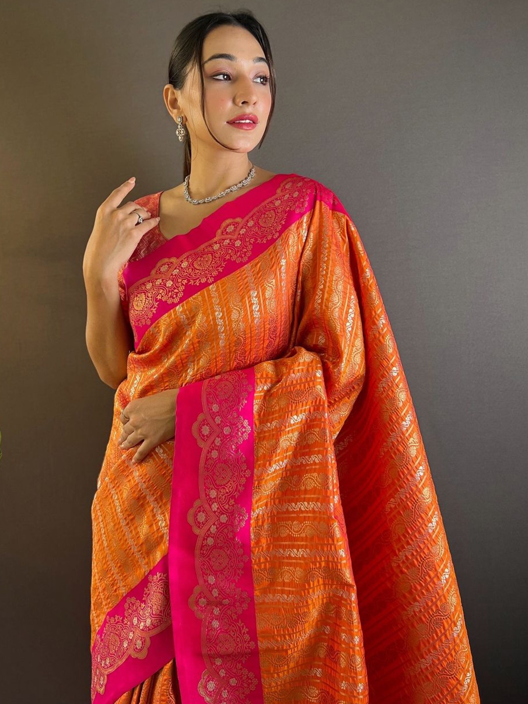 

House of Pataudi Woven Design Printed Kanjeevaram Saree With Blouse Piece, Orange