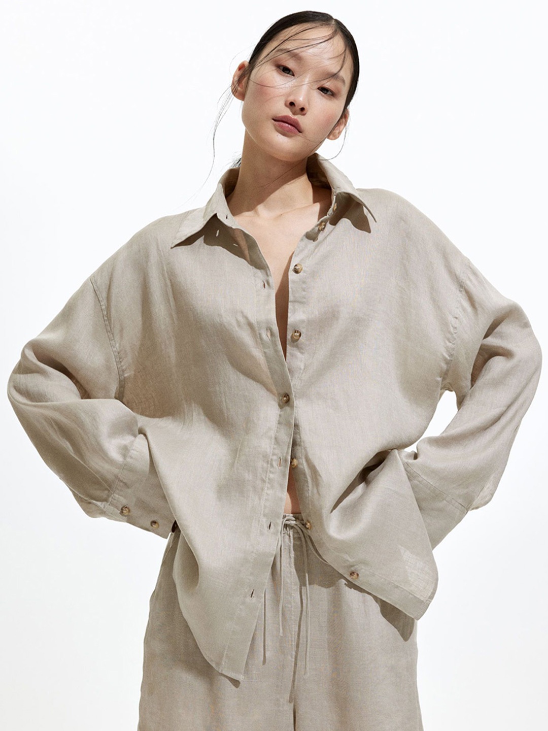 

H&M Oversized Linen Shirt, Beige