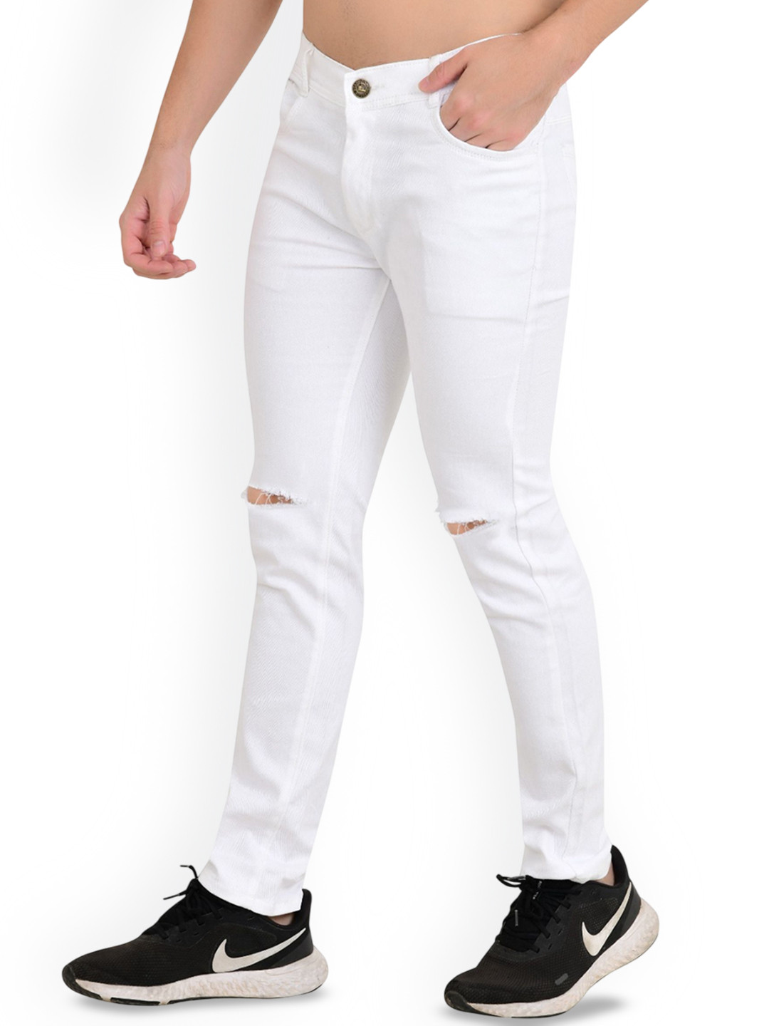

LINARIA Men Classic Tapered Fit Slash Knee Stretchable Jeans, White