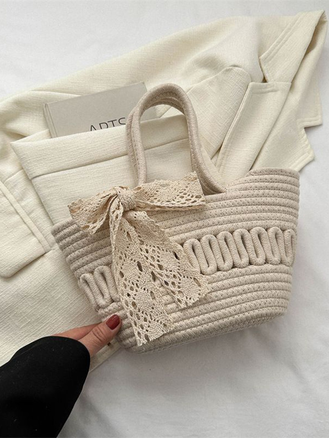 

DressBerry Textured Bucket Tote Bag with Tasselled, White