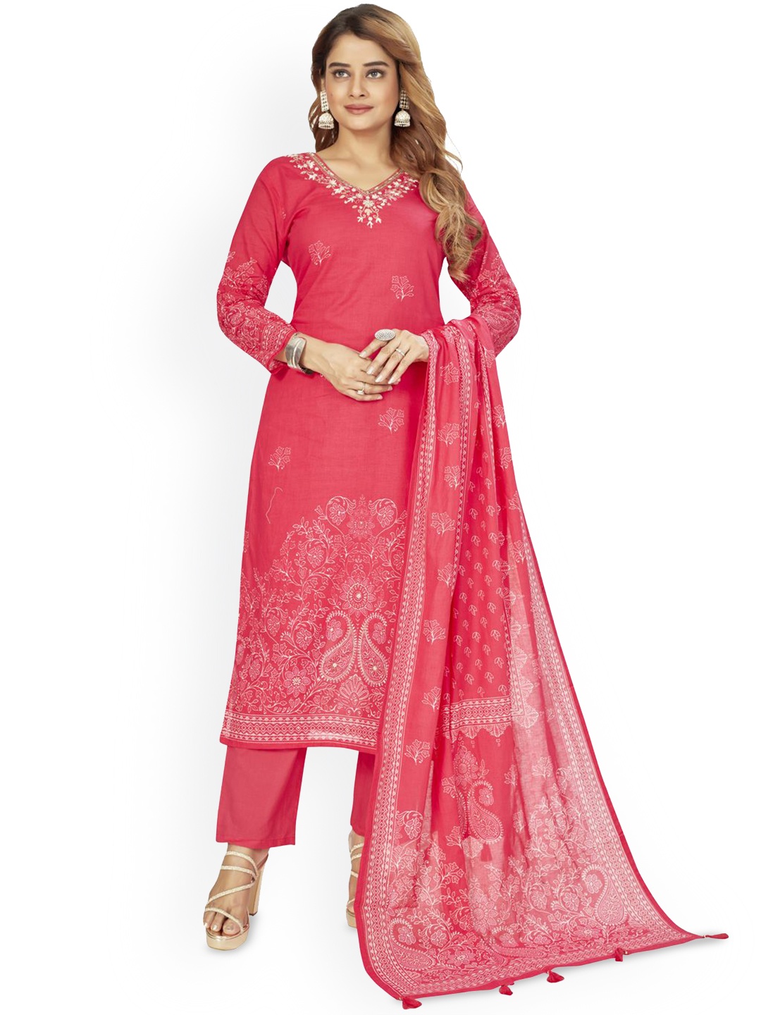 

Amchoor Floral Printed Embroidered Straight Kurta with Trousers & Dupatta, Pink