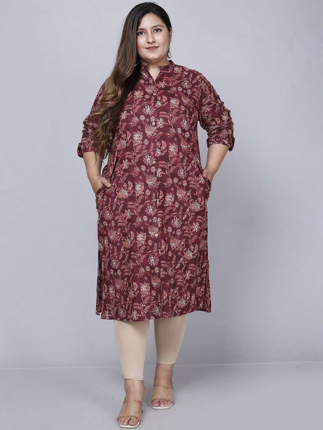 

Gs Fashions Floral Printed Mandarin Collar Straight Plus Size Kurta, Maroon