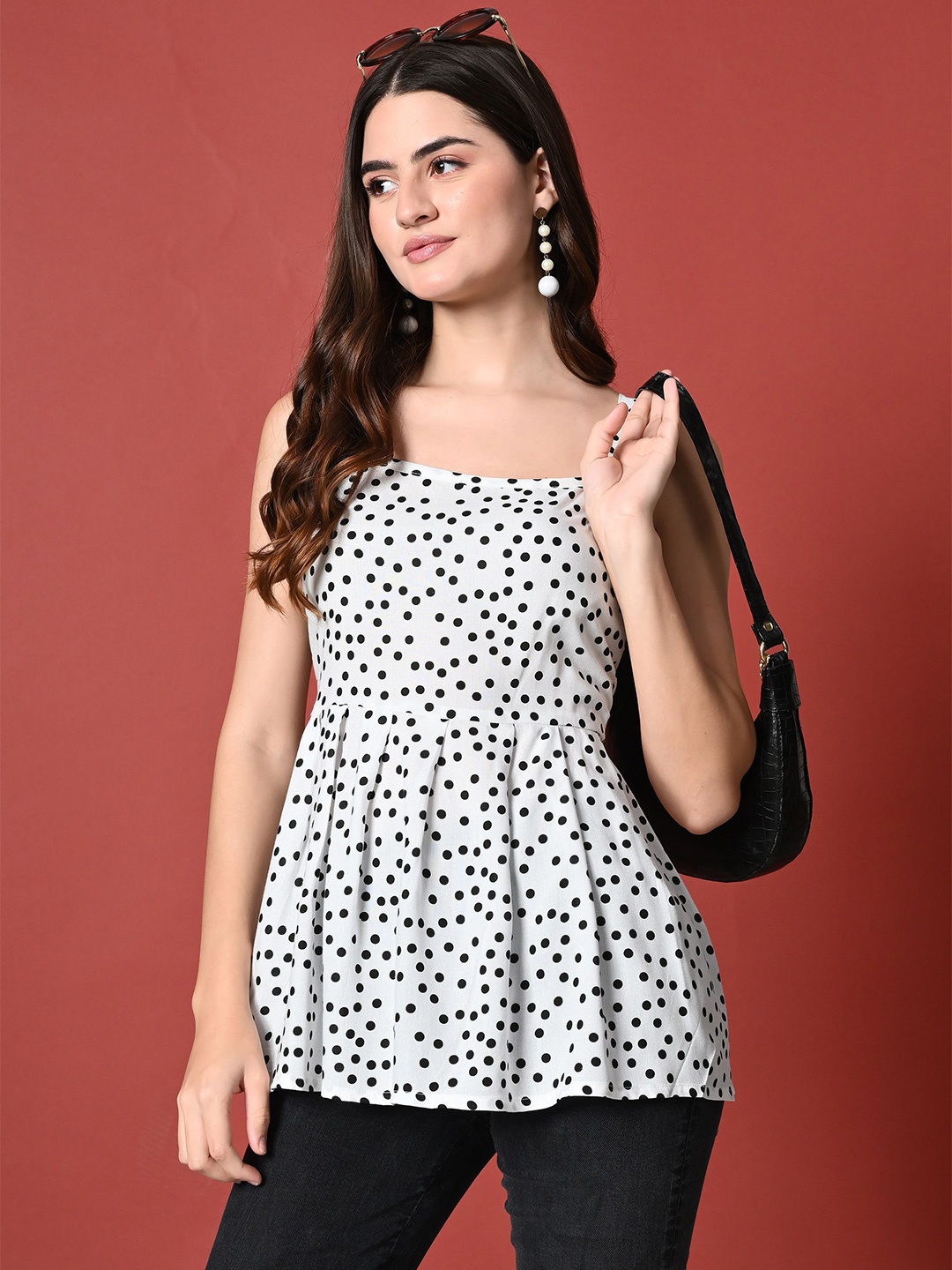

ao services Women Polka Dot Print Monochrome Empire Top, White