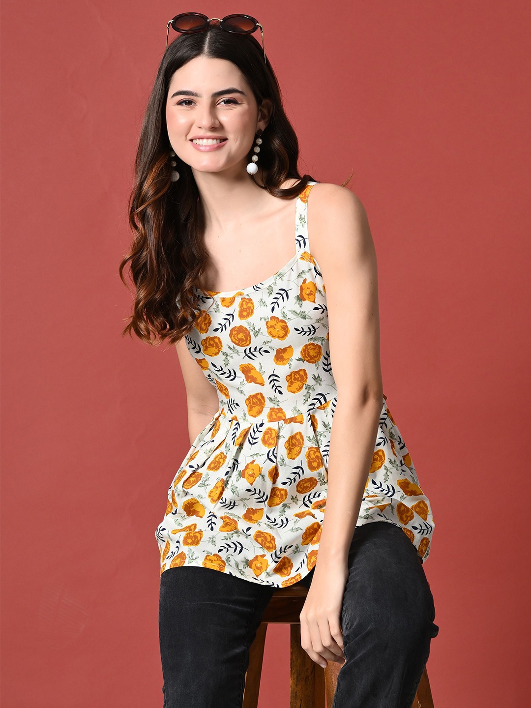 

Ao services Women Floral Printed Shoulder Straps Neck Tunic, White