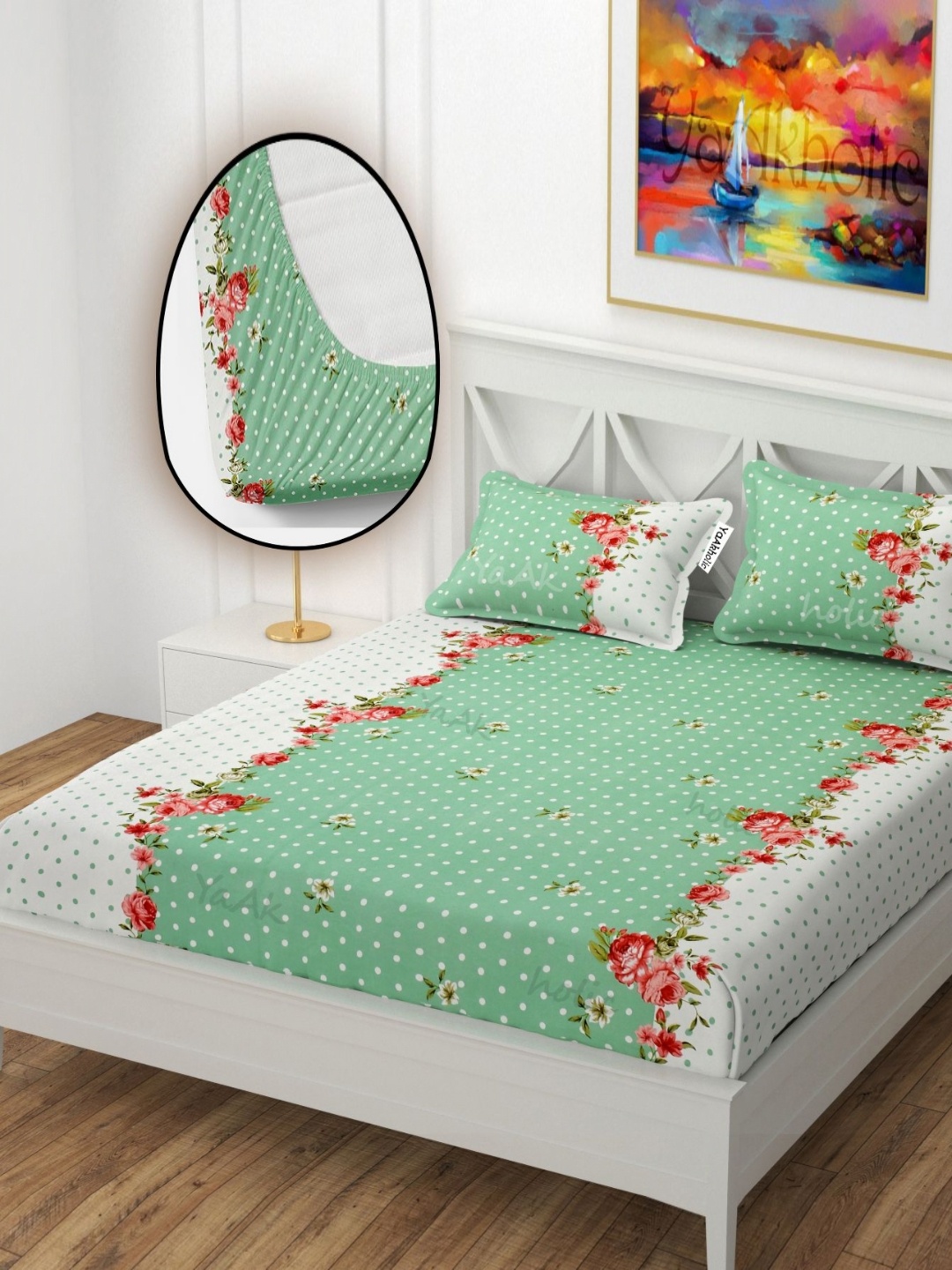 

YaAkholic Green & Pink Floral 210 TC King Bedsheet with 2 Pillow Covers