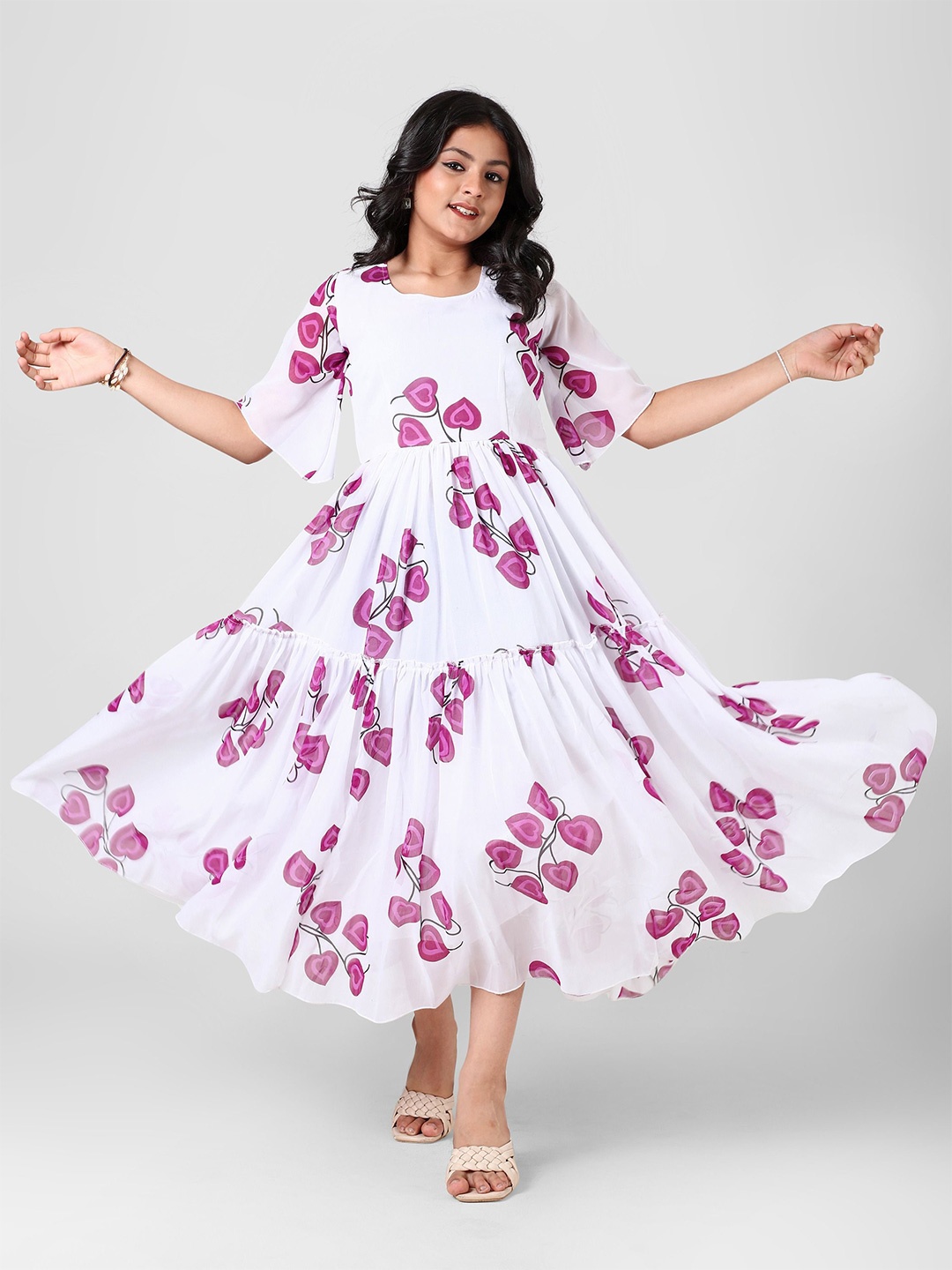 

Aarya Designer Girls Floral Printed Flared Sleeve Fit & Flare Maxi Dress, White