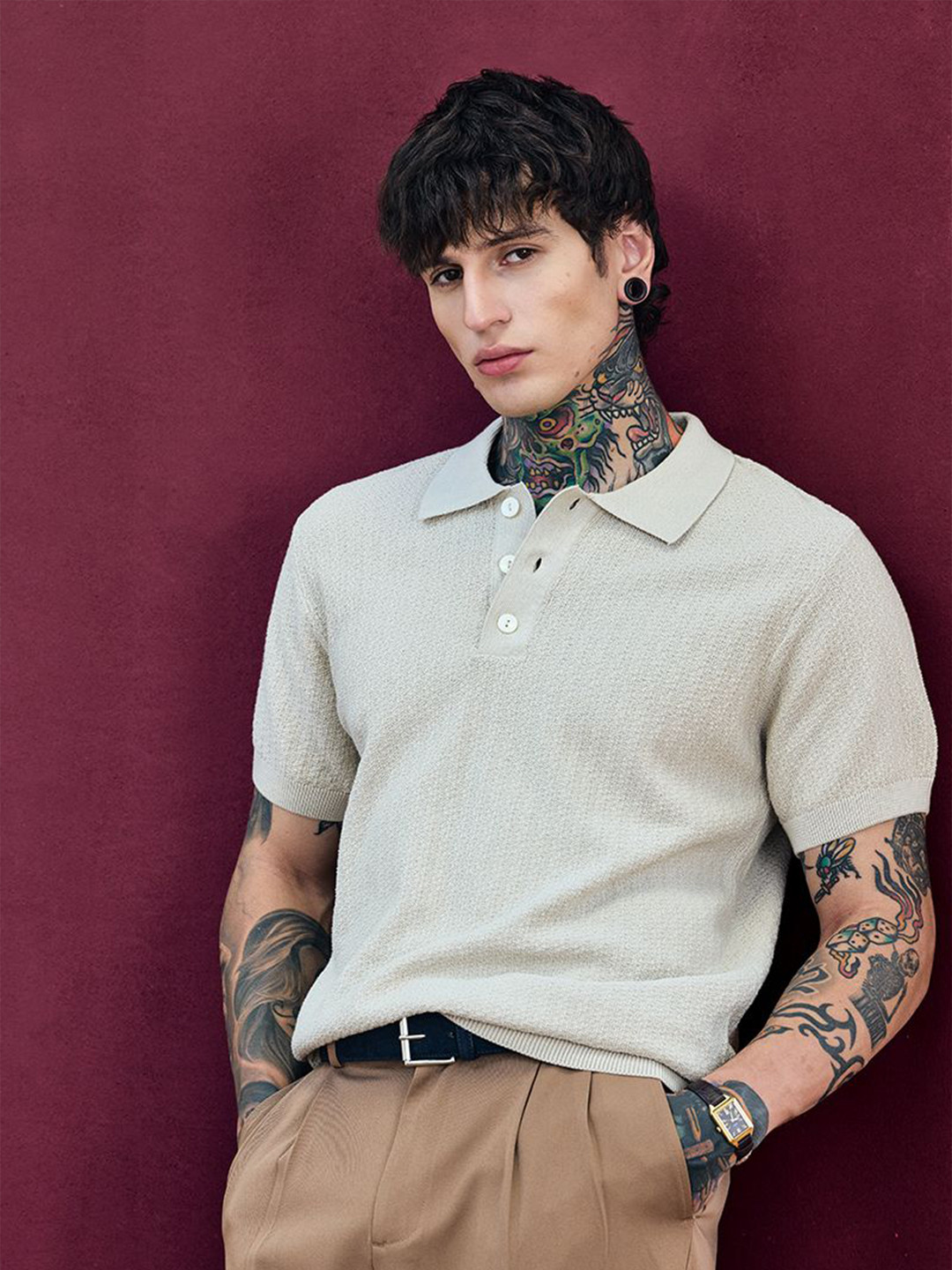 

Snitch Bordeaux Beige Textured Relaxed Fit Polo T-Shirt