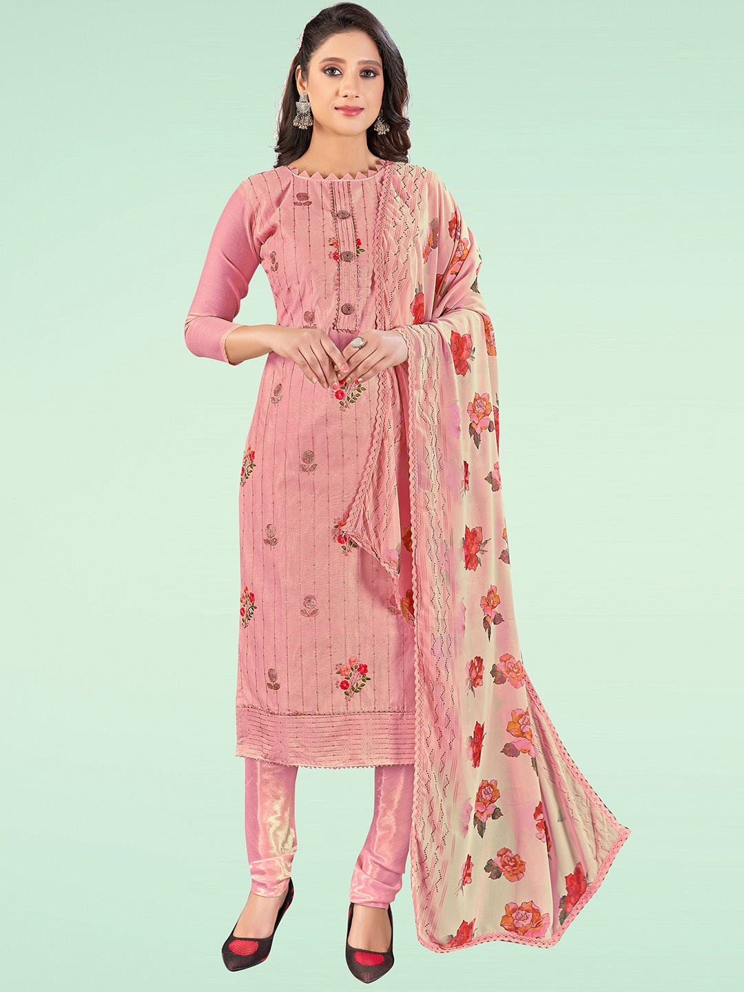 

HERE&NOW Floral Embroidered Sequinned Chanderi Unstitched Dress Material, Pink