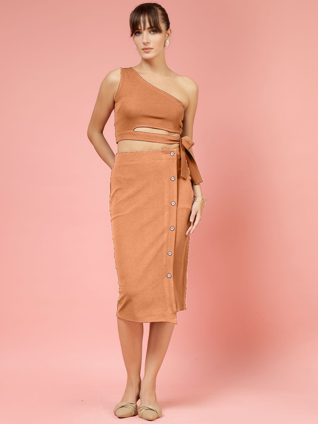 

DressBerry One Shoulder Crop Top With Pencil Skirt, Orange