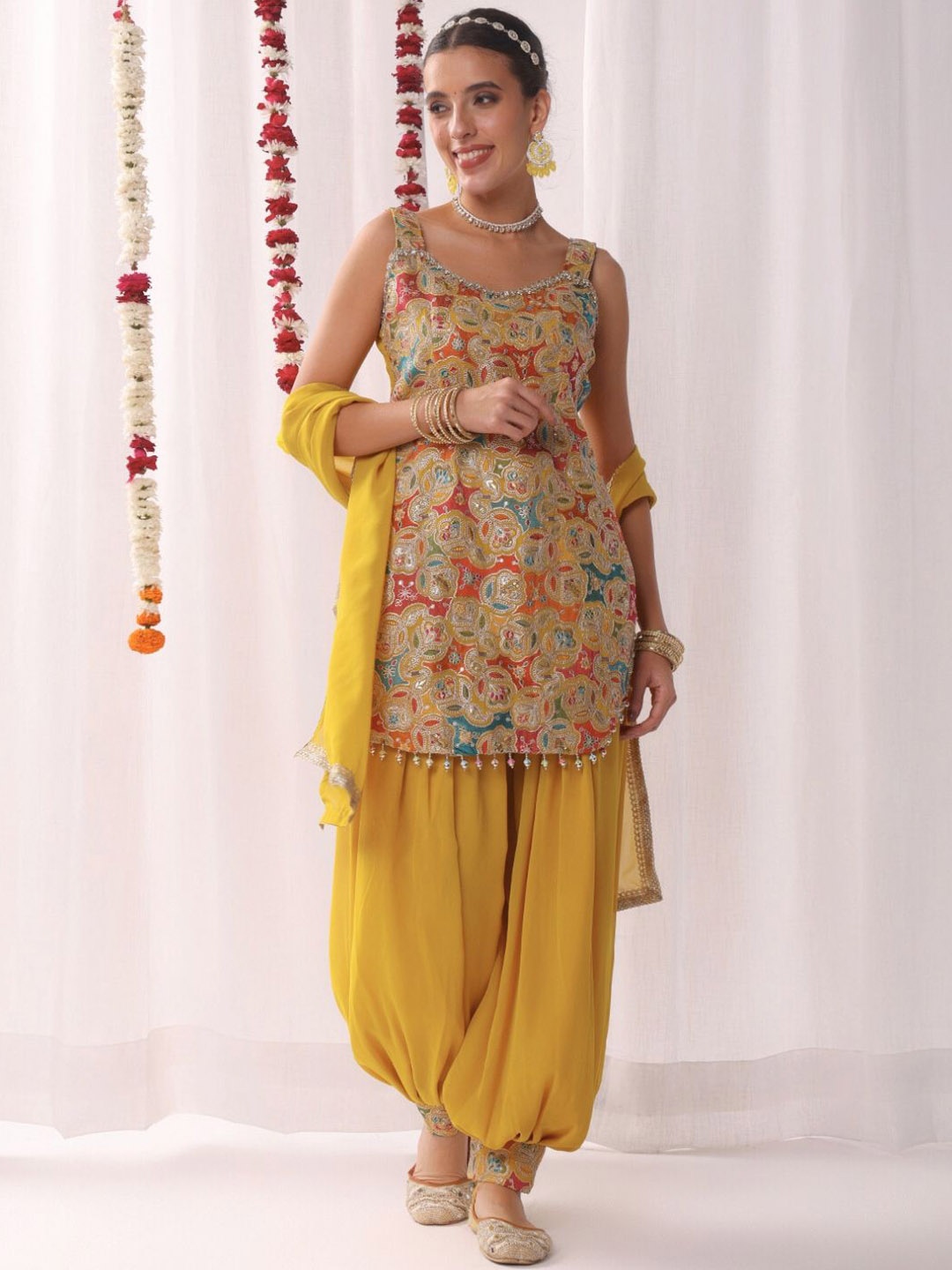 

Chhabra 555 Embroidered Kurta Harem Pants & Dupatta Set, Yellow