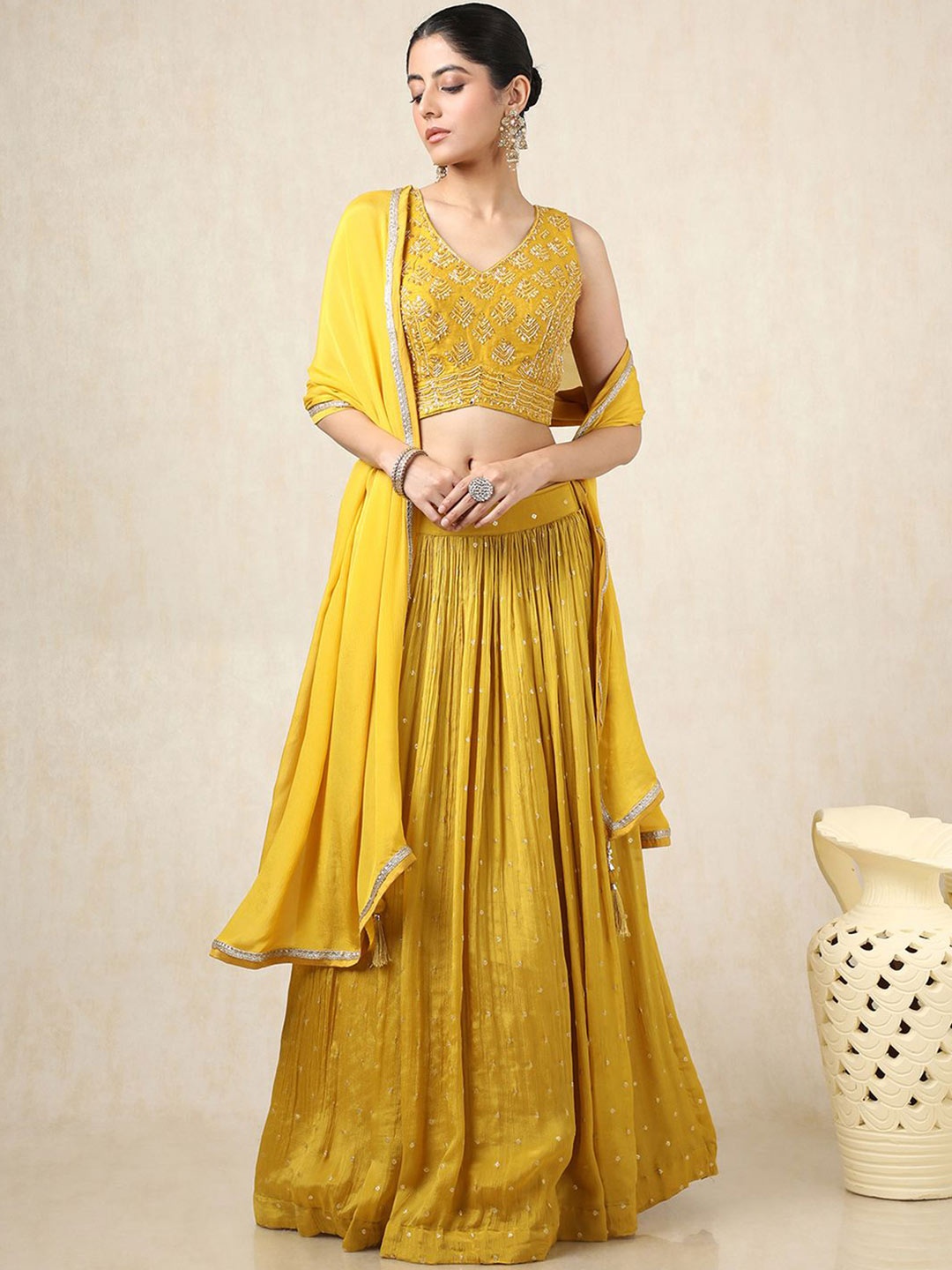 

Soch Floral Embellished Beads & Stones Ready to Wear Cotton Lehenga With Blouse & Dupatta, Yellow