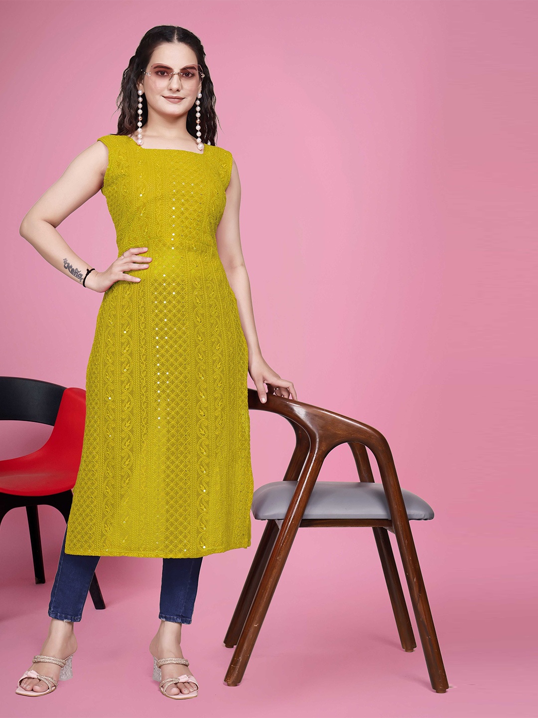

PARROT CREATION Paisley Chikankari Sequinned Square Neck Sleeveless Straight Kurta, Yellow