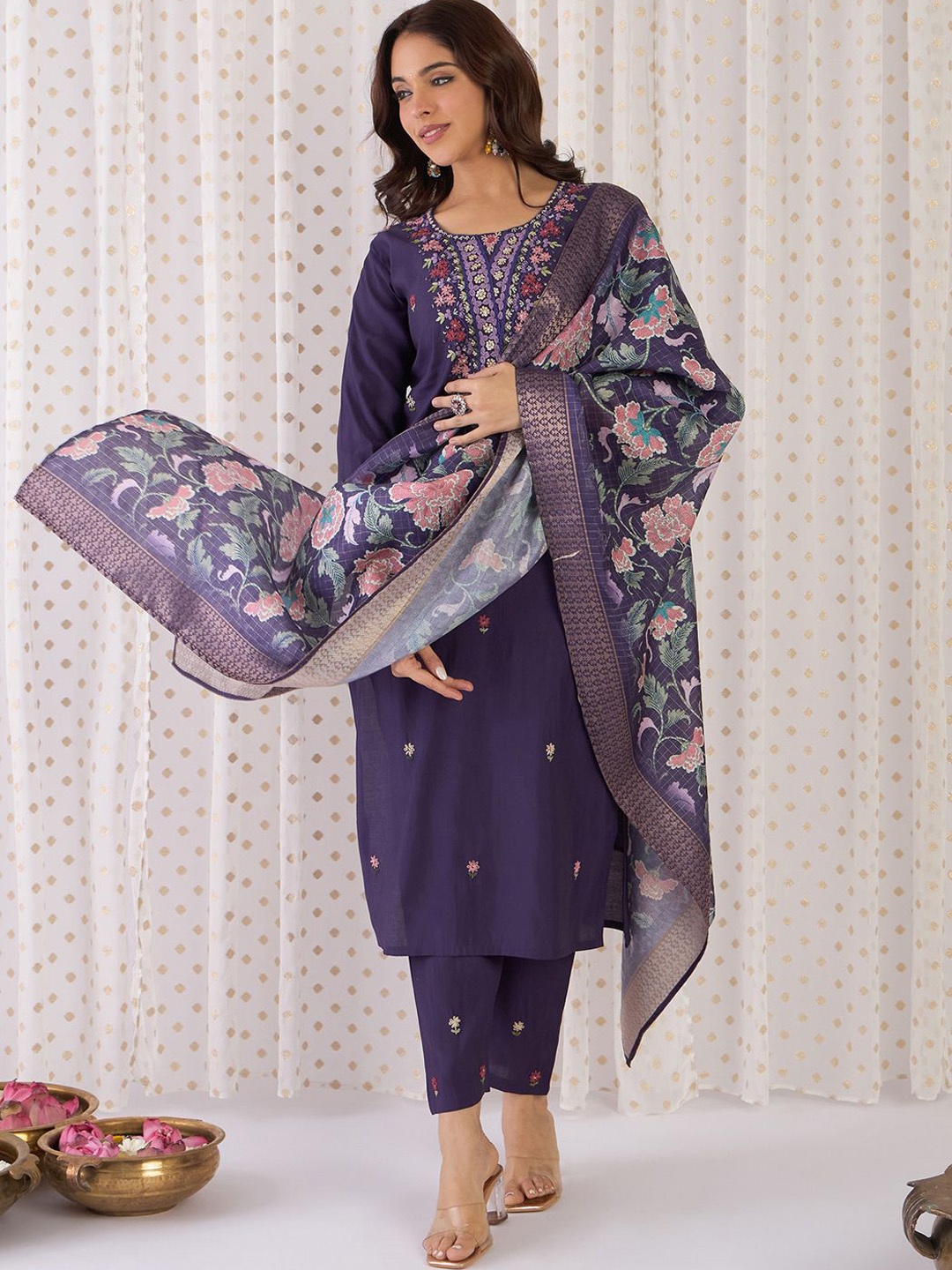 

Indo Era Floral Embroidered Thread Work Straight Kurta With Trousers & Dupatta, Purple