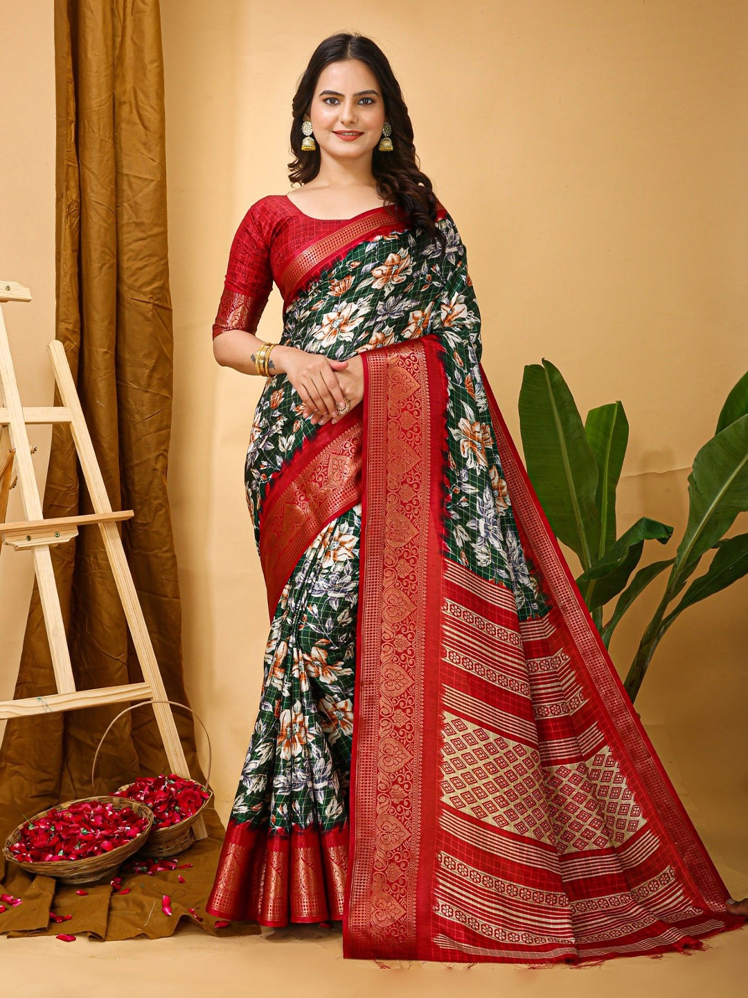 

Panzora Woven Design Printed Zari Saree, Green