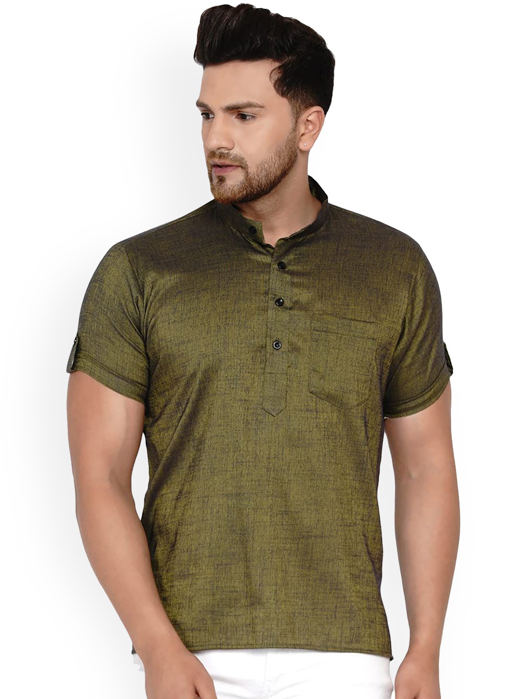 

VEERA PARIDHAAN Roll-Up Sleeves Band Collar Straight Short Kurta, Green