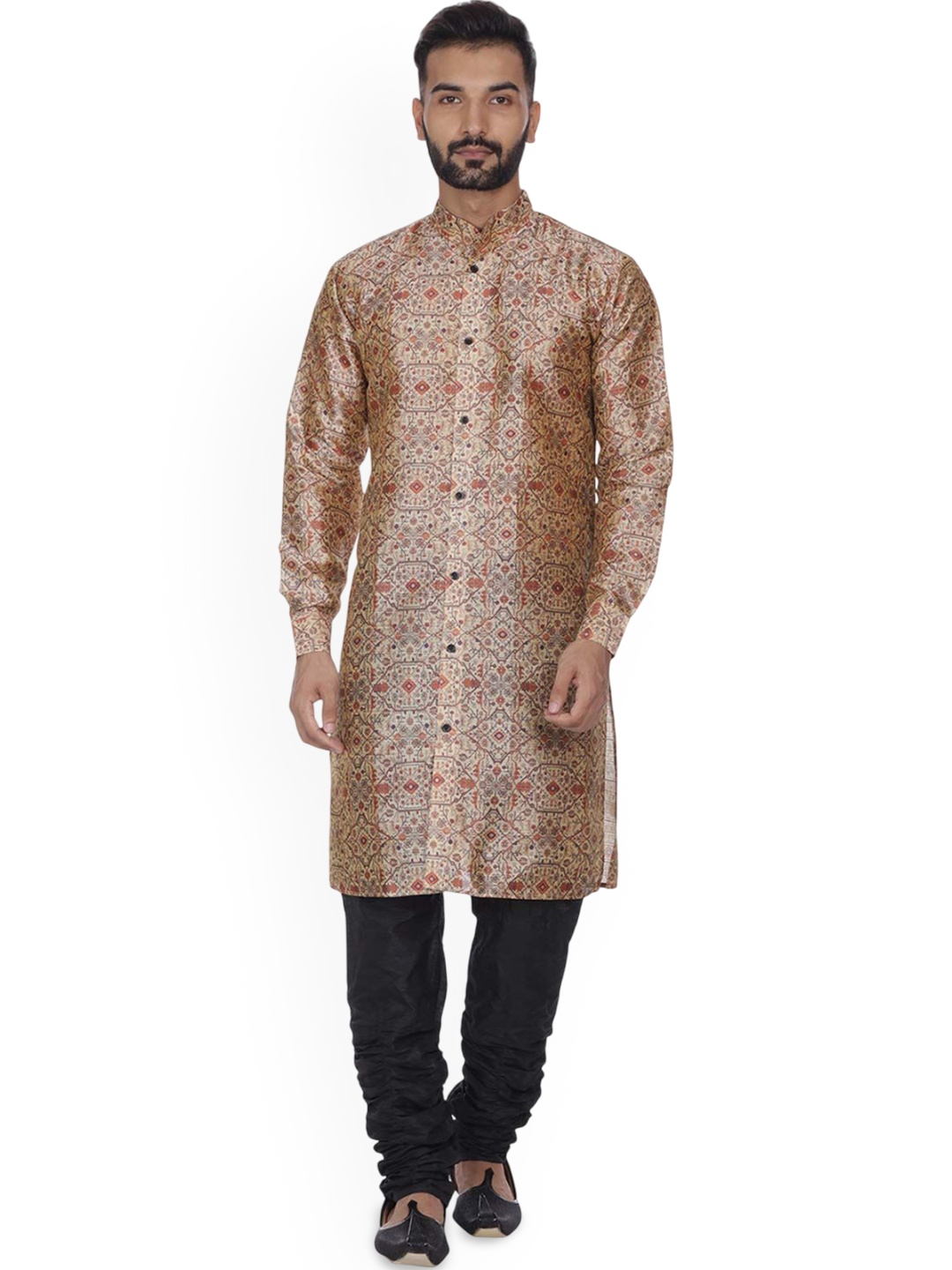 

VEERA PARIDHAAN Floral Printed Mandarin Collar Dupion Silk Straight Kurta, Brown