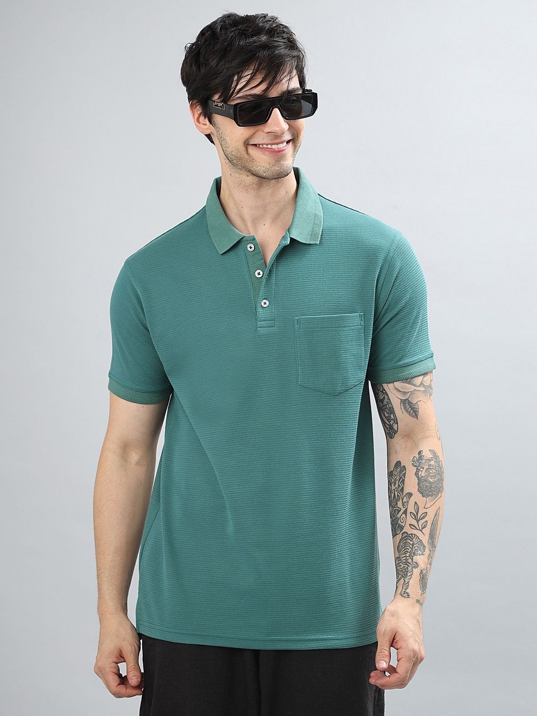 

BLUWEEA Men Polo Collar Pockets T-shirt, Green