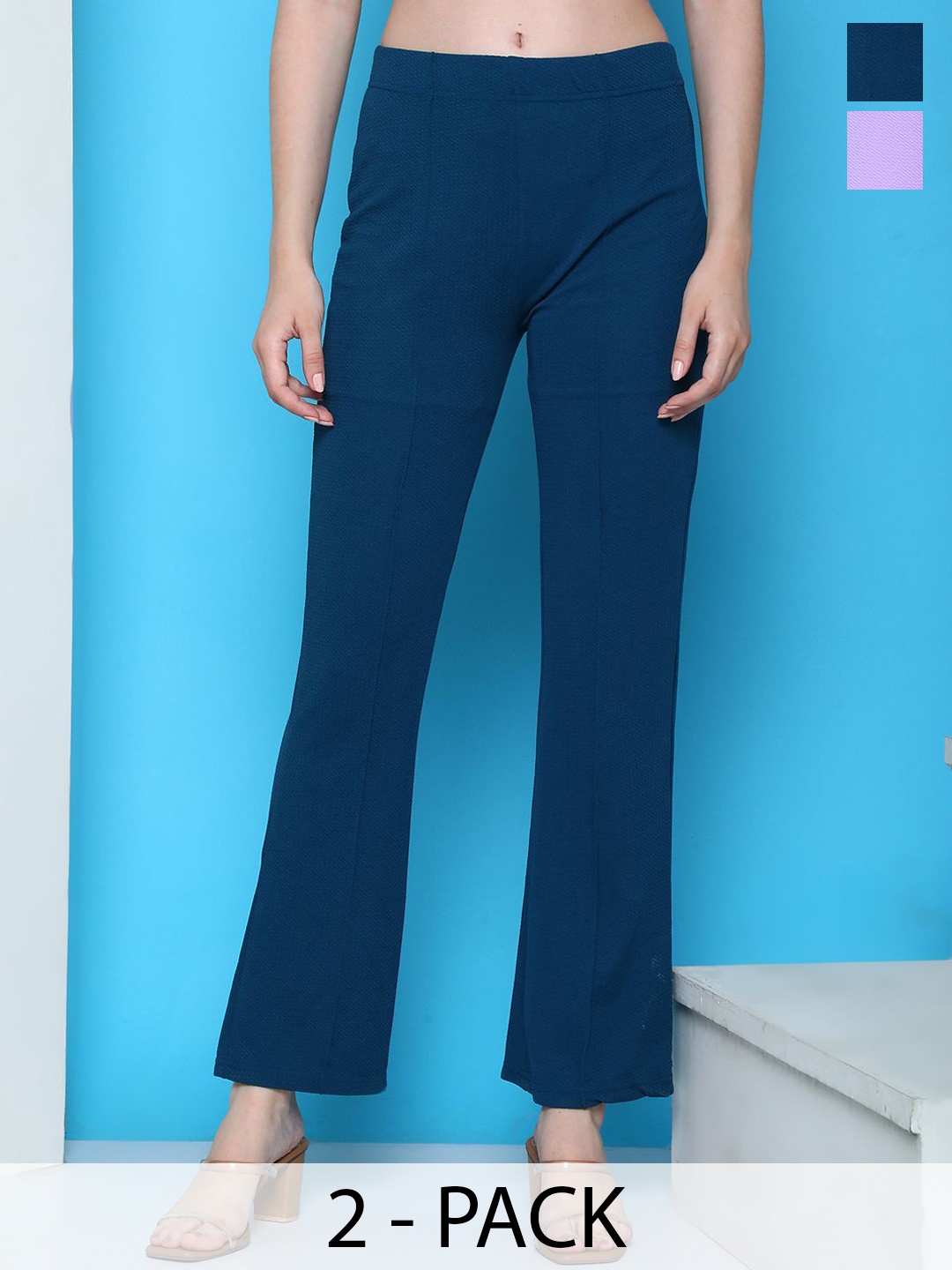 

Tromko Women Pack Of 2 Relaxed Mid-Rise Bootcut Trousers, Blue