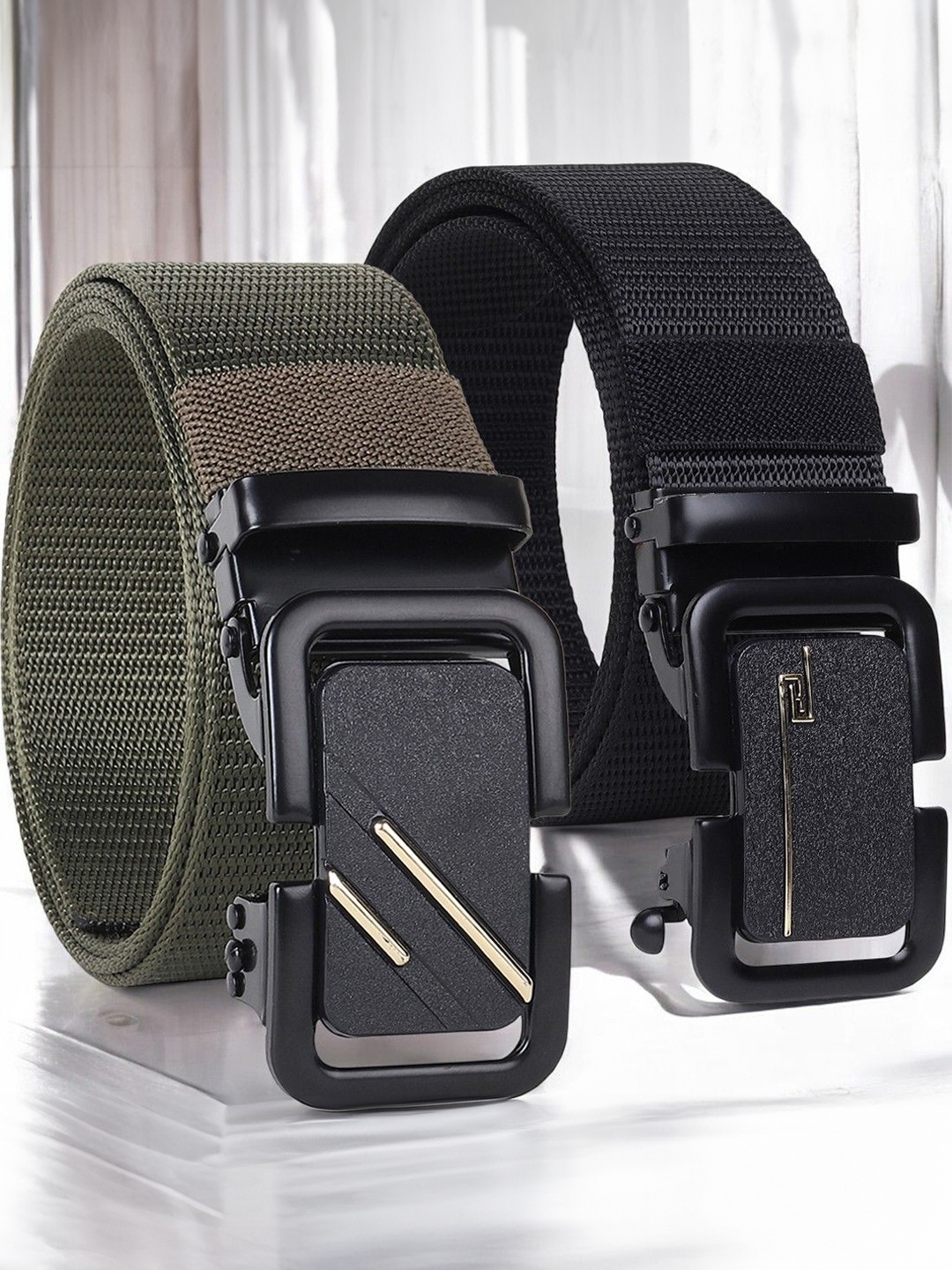 

LOOPA Men Pack of 2 Woven Design Belts, Black