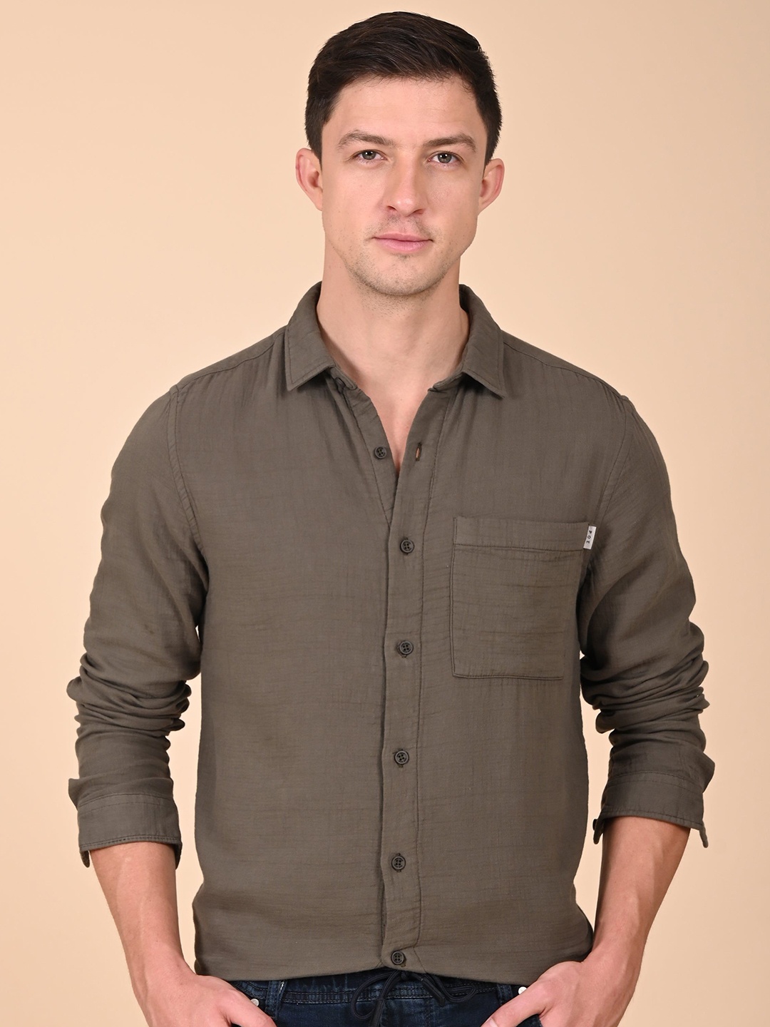 

POE Men Classic Opaque Casual Shirt, Olive