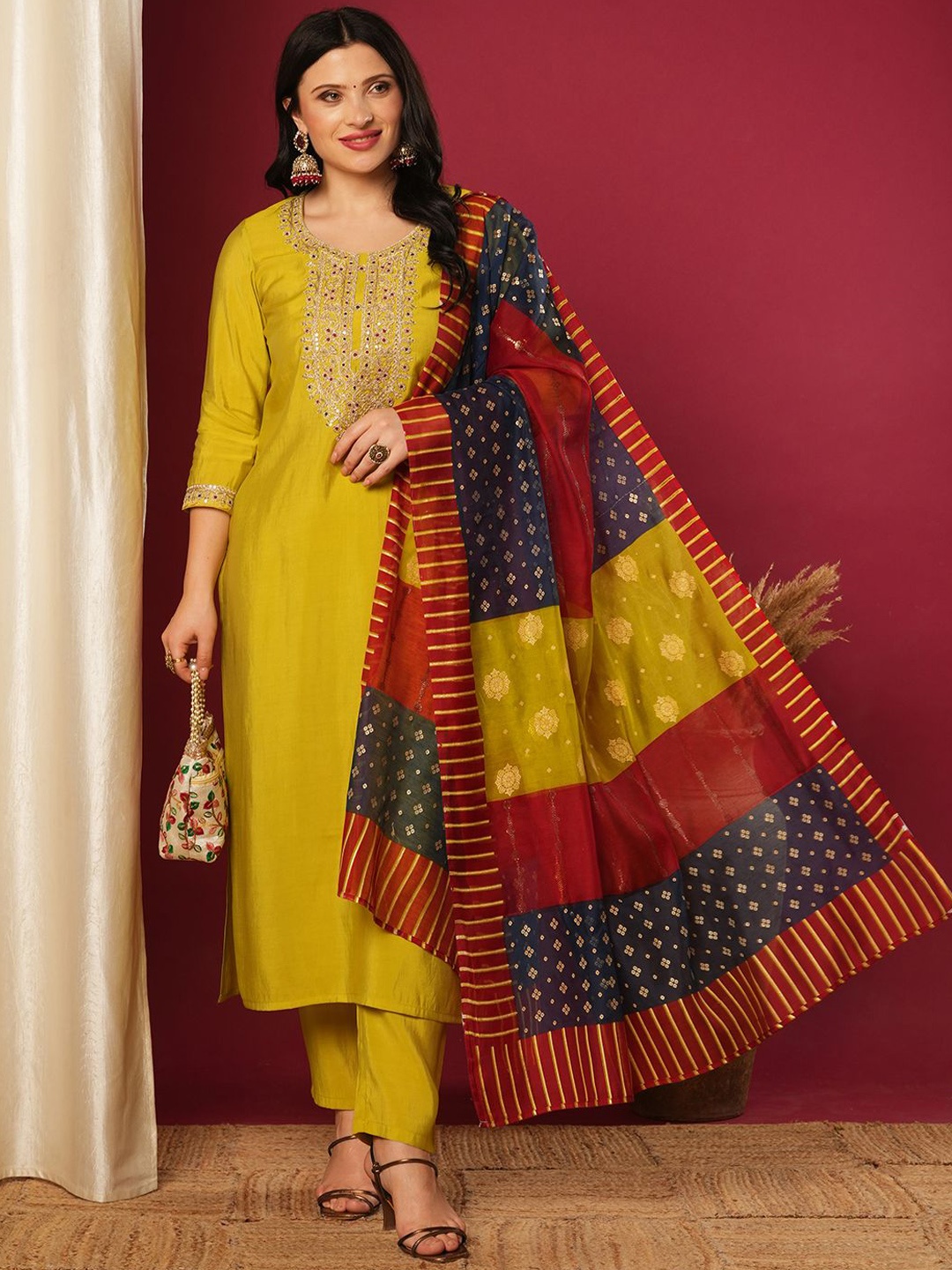 

Anni Designer Floral Yoke Design Round Neck Zari Straight Kurta With Trousers & Dupatta, Green