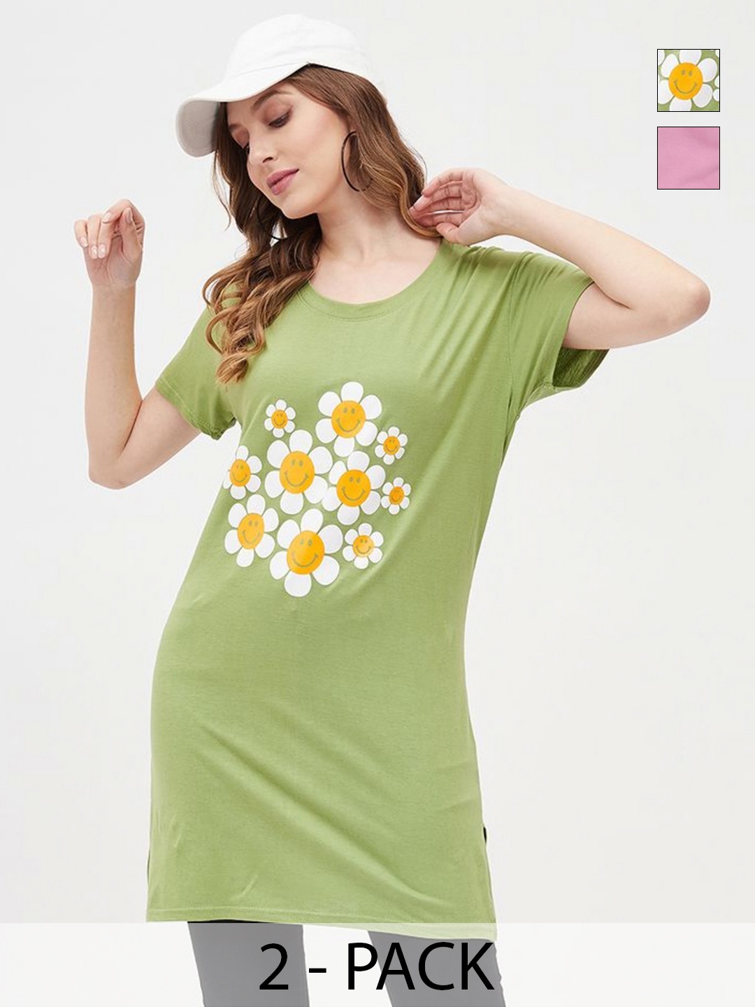 

Dreambe Women Floral 2 Printed Extended Sleeves Applique T-shirt, Multi