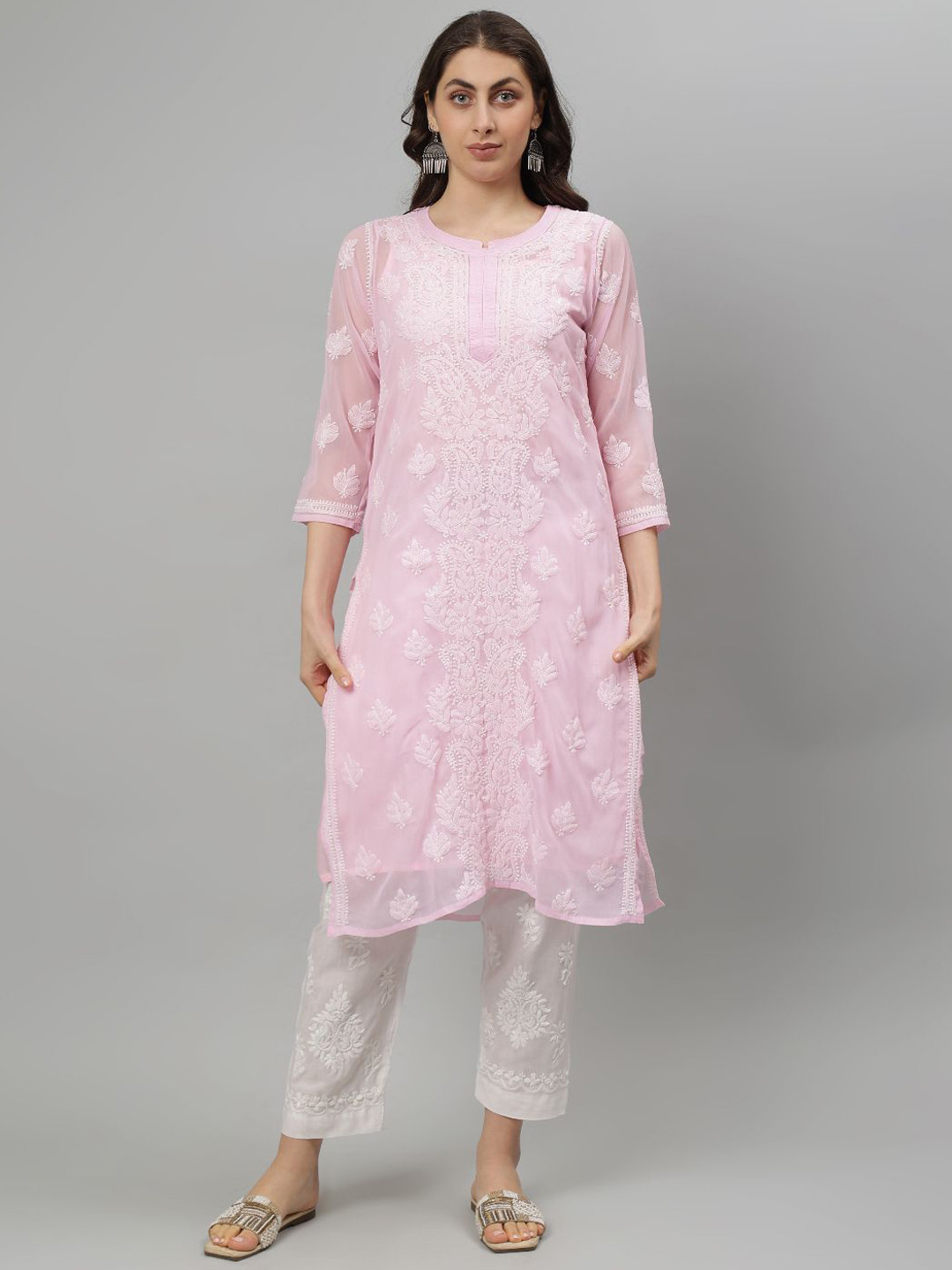 

Seva Chikan Floral Embroidered Chikankari Georgette Kurta, Pink