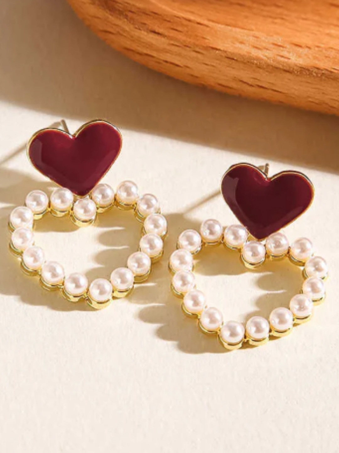 

SUBHAGALANKAR Gold-Plated Pearls Studded Heart Shaped Drop Earrings