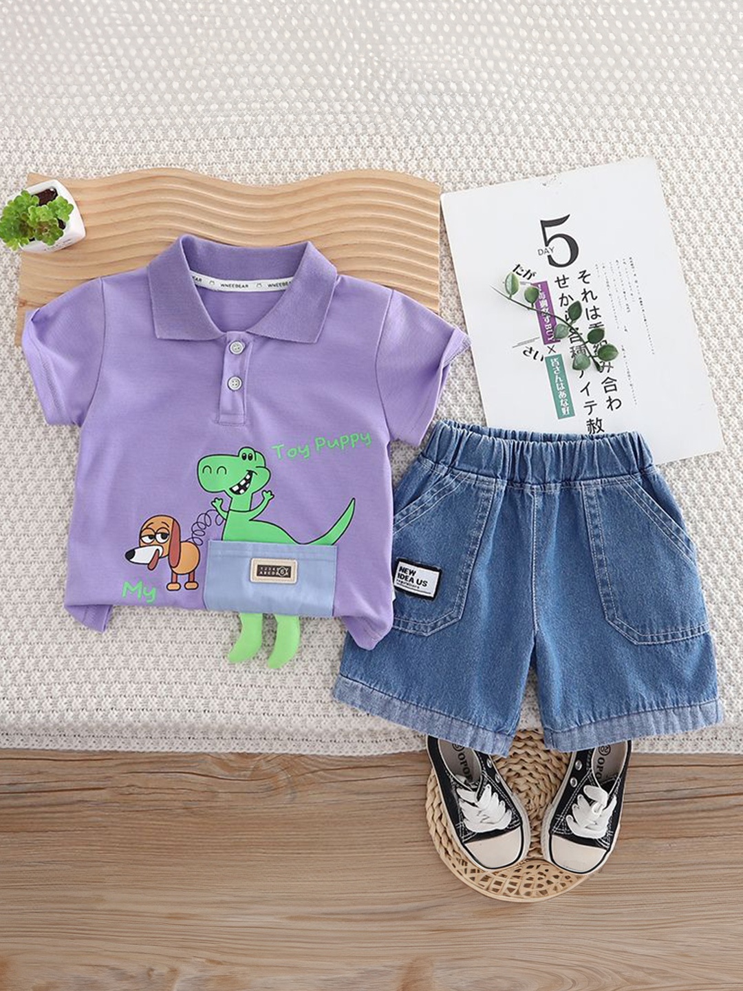 

StyleCast x Revolte Unisex Kids Printed Pure Cotton T-shirt With Shorts, Purple