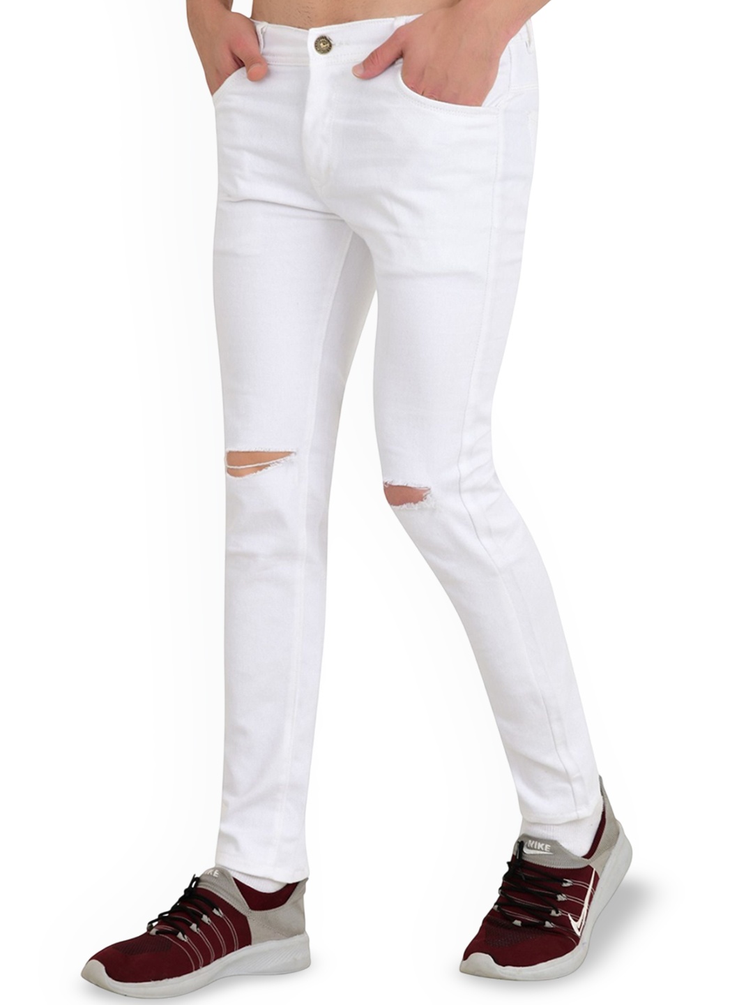 

LINARIA Men Cotton Classic Low-Rise Slash Knee Slim Fit Jeans, White