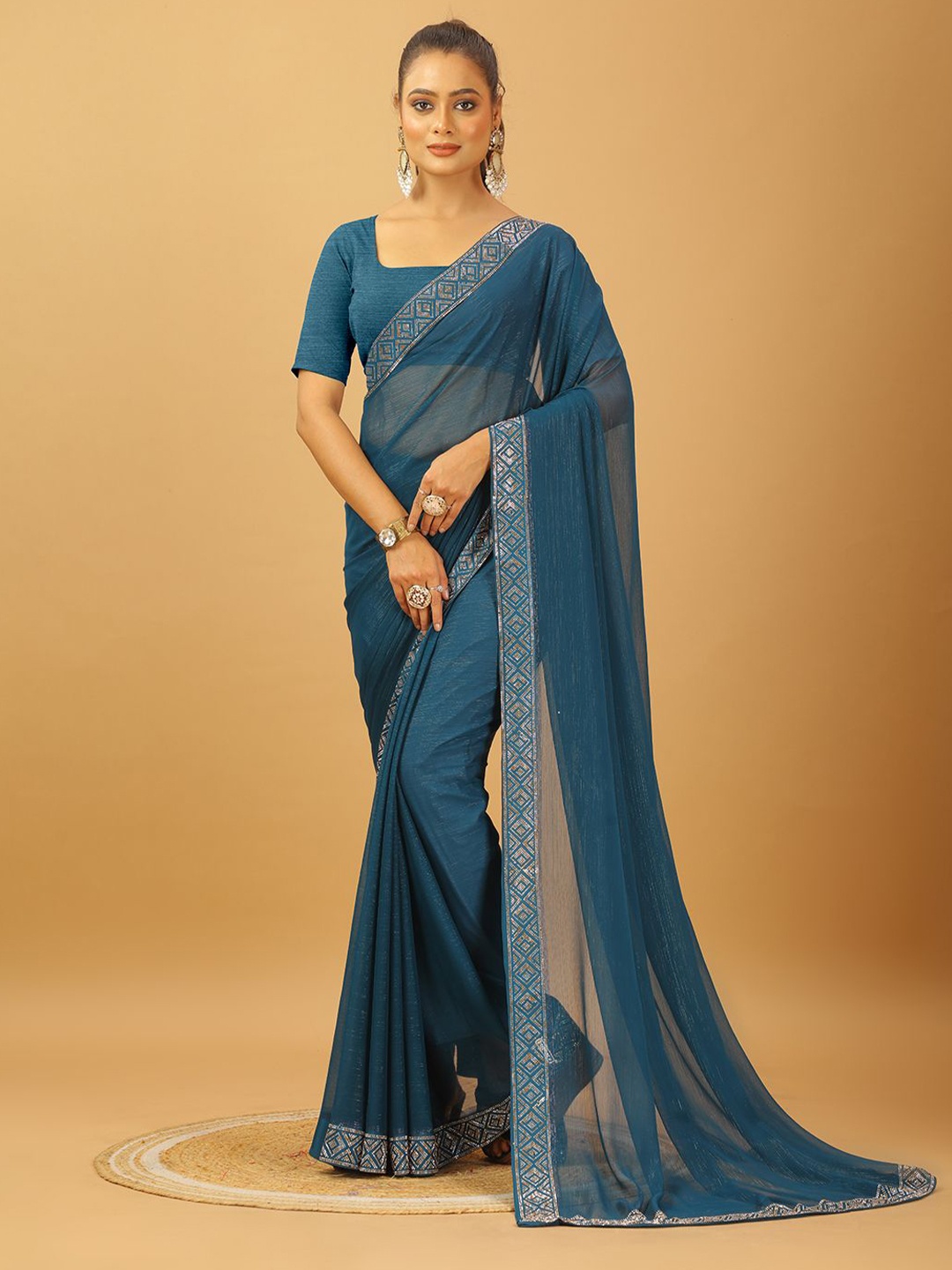 

VIRENDRA TEXTILES Zari Pure Chiffon Saree, Turquoise blue