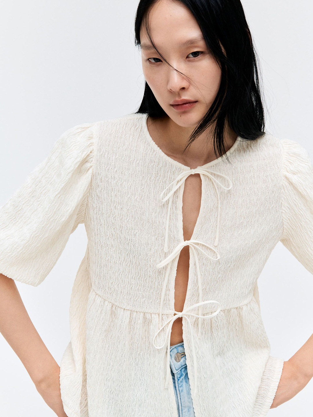 

H&M Tie-Front Peplum Top, White