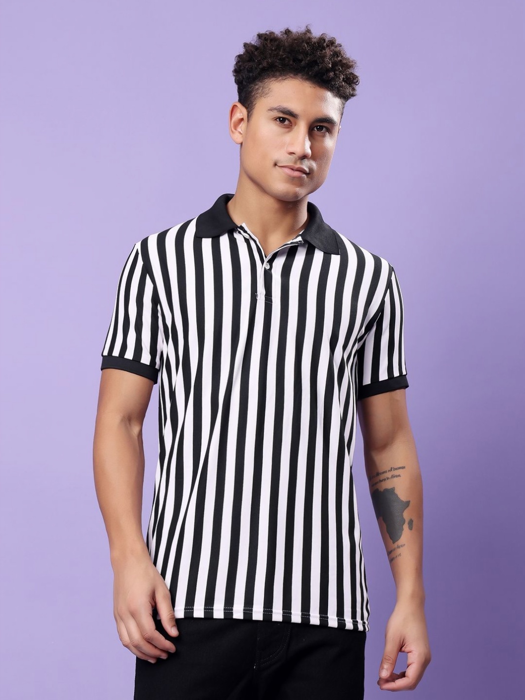 

TQH Men Striped Polo Collar Monochrome Dri-FIT Pockets T-shirt, Black