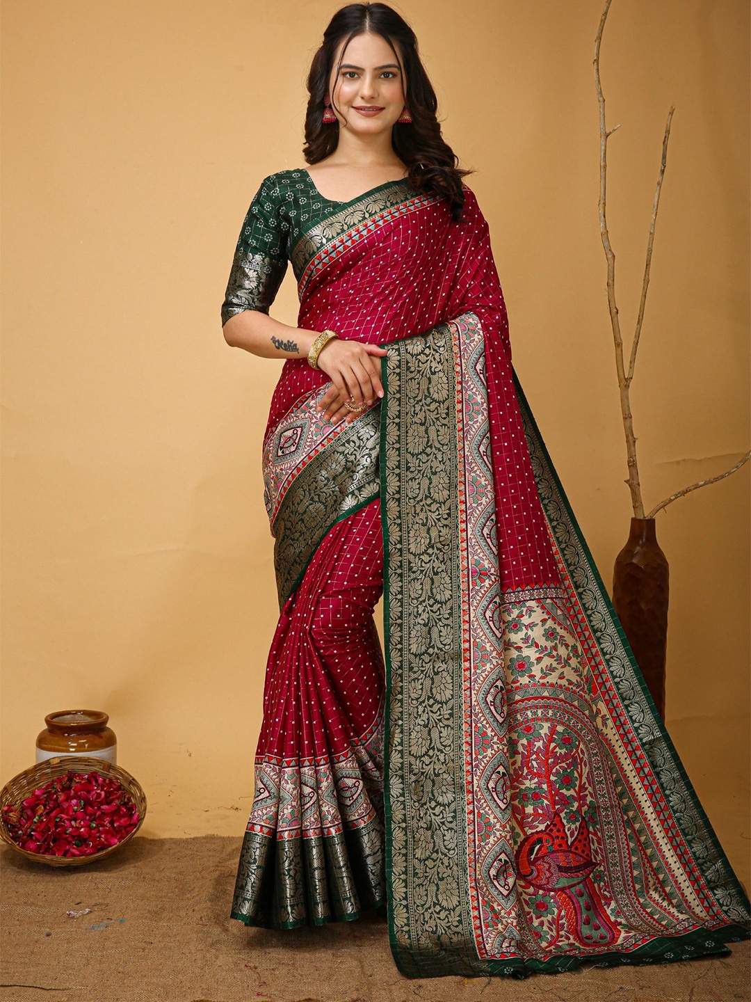 

Panzora Kalamkari Printed Zari Bandhani Saree With Unstitched Blouse Piece, Magenta