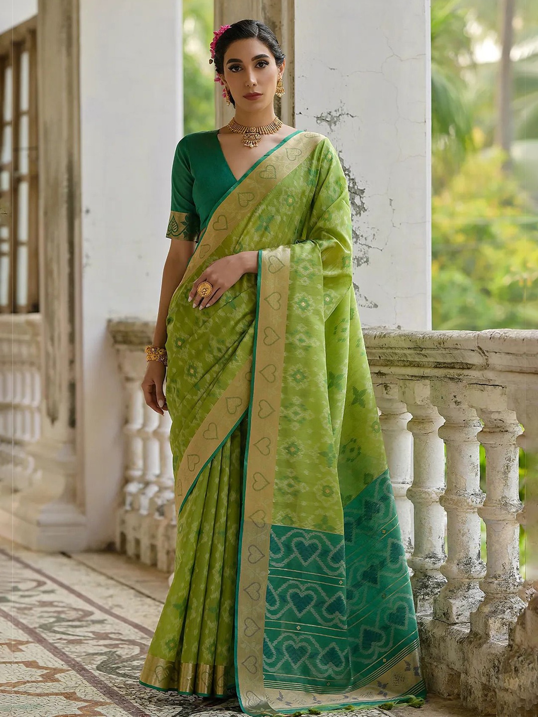 

MySilkLove Women Tan Green Woven Raw Silk Saree