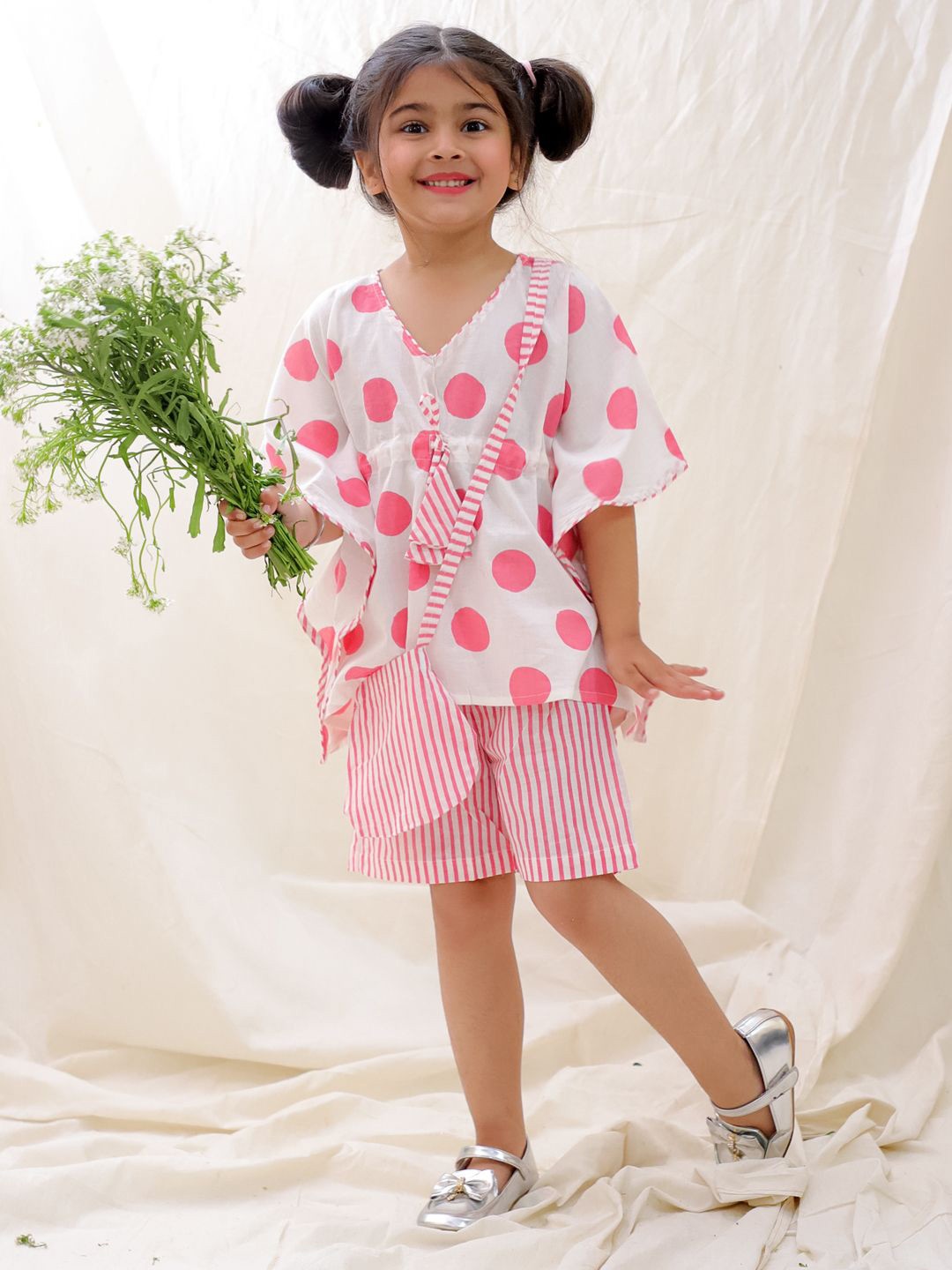 

BownBee Girls Polka Dot Printed V-Neck Pure Cotton Kaftan With Shorts, Rose