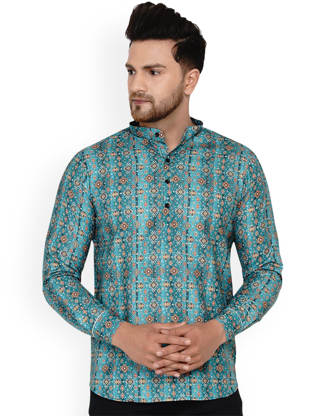 

VEERA PARIDHAAN Ethnic Motifs Printed Band Collar Long Roll-Up Sleeves Straight Kurta, Green