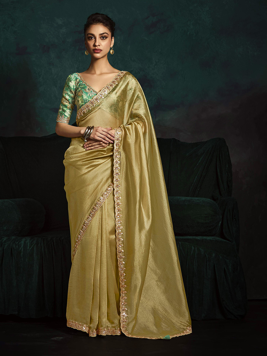 

House of D&S Embroidered Tissue Saree, Gold