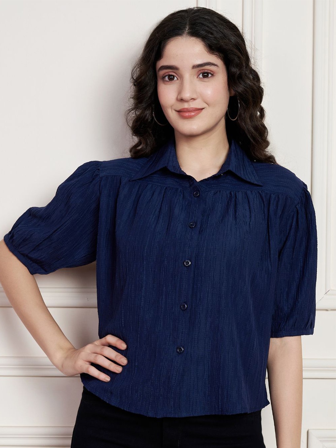 

Moda Rapido Women Classic Boxy Opaque Party Shirt, Navy blue