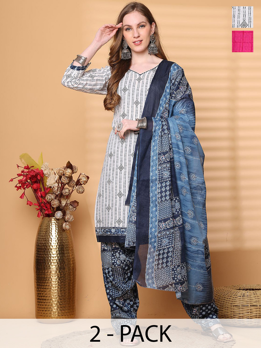 

Merira Selection Of 2 Floral Printed Straight Kurta With Salwar & With Dupatta, White