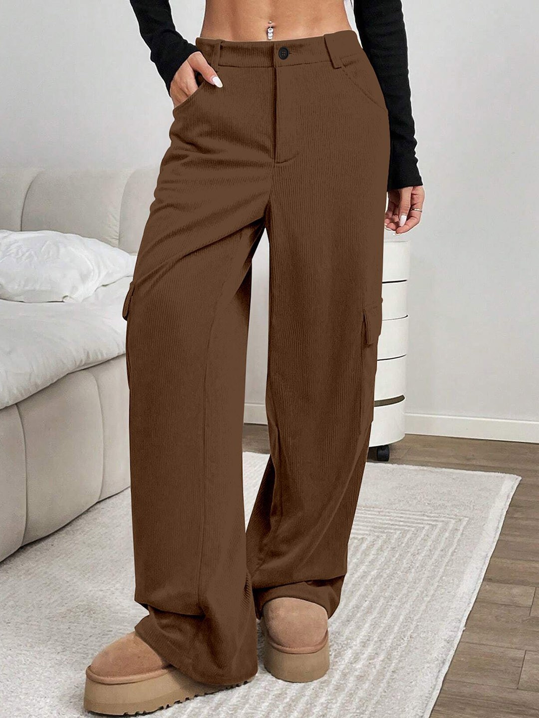 

RAJOVATI Women Slim Fit Easy Wash Loose Fit Cargos, Brown