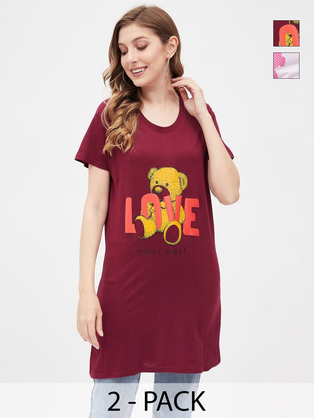 

Dreambe Women 2 Printed Extended Sleeves T-shirt, Multi