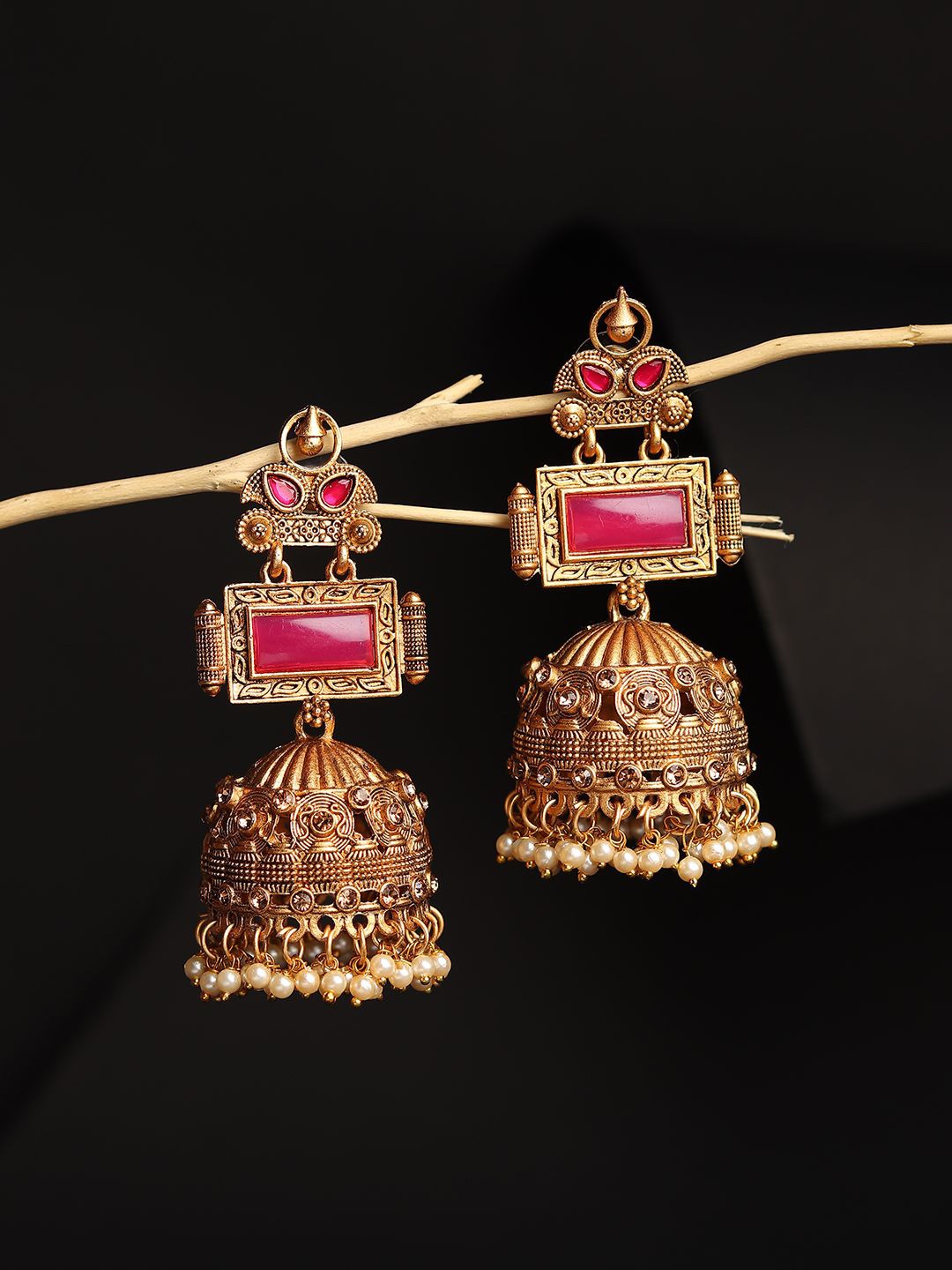 

RHOSYN Gold-Plated Artificial Stones Studded And Beaded Dome Shaped Antique Jhumkas