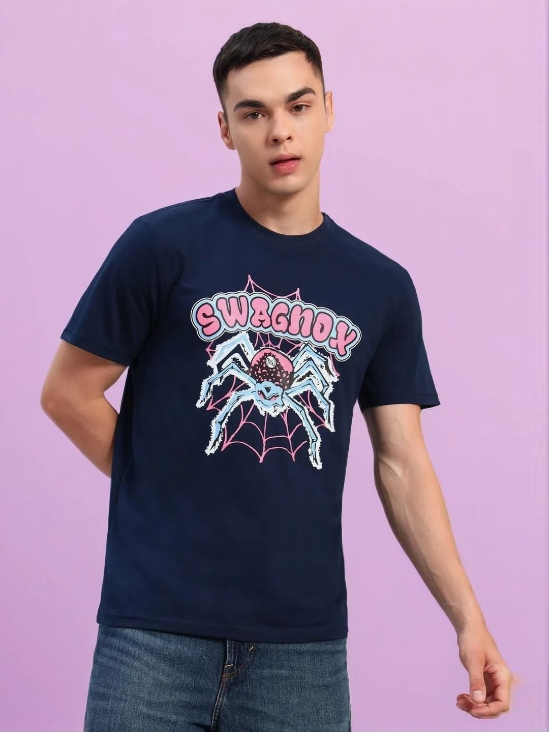 

SWAGNOX Men Biker Printed Raw Edge T-shirt, Blue